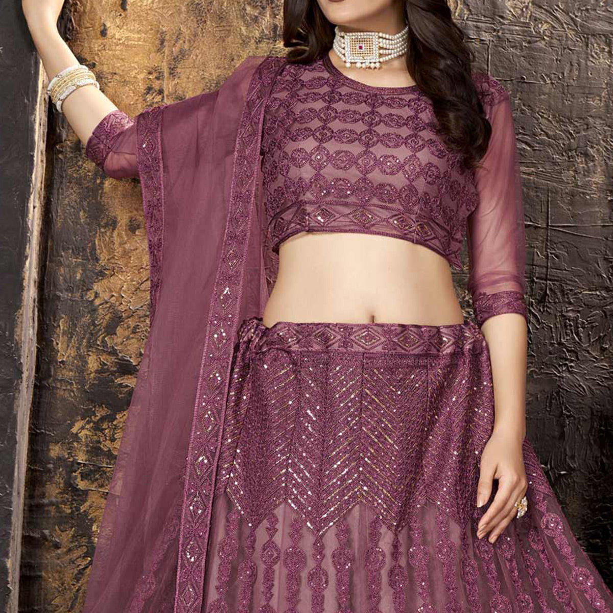 Plum Purple Sequins Embroidered Net Lehenga Choli