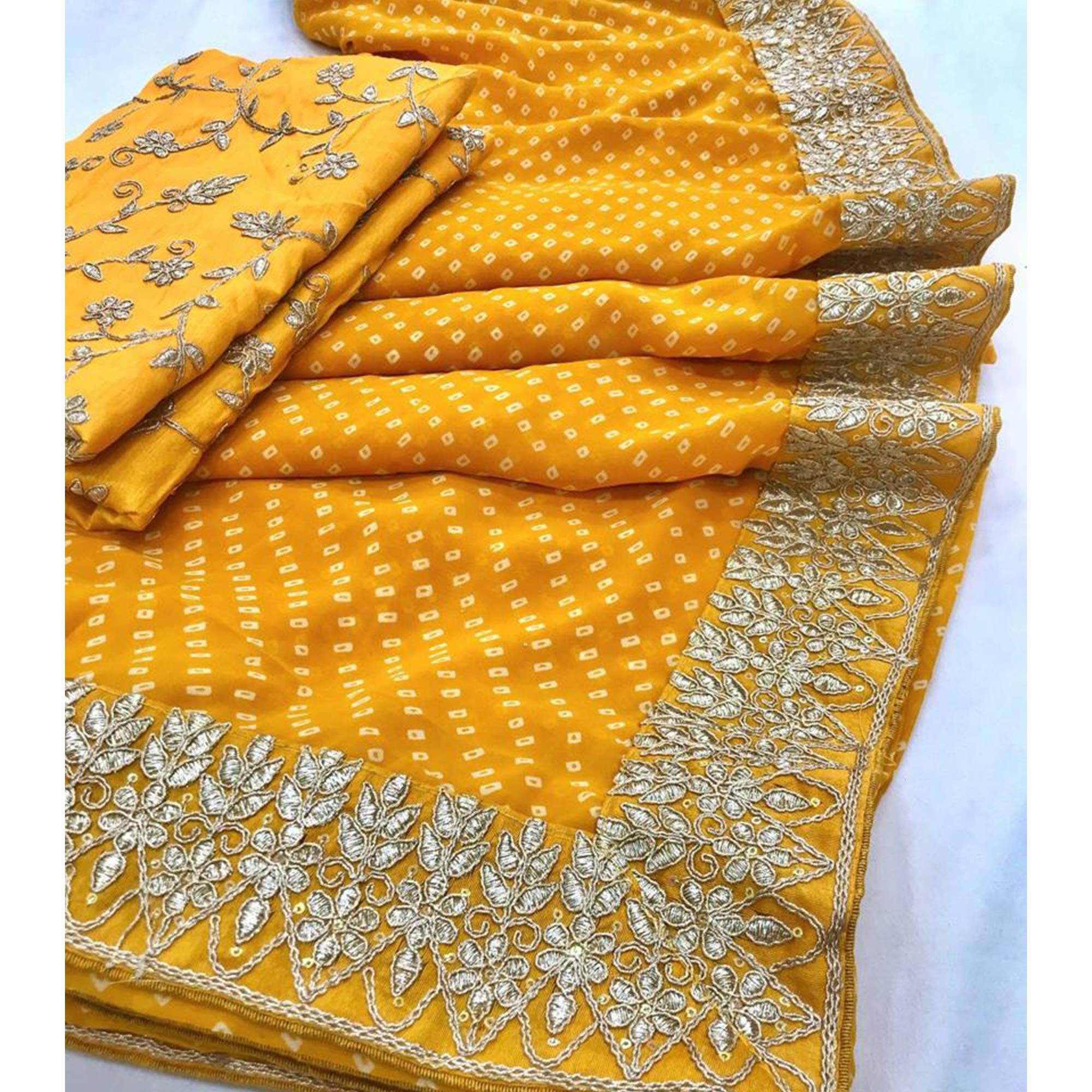 Yellow Bandhani Printed With Embroidered Border Georgette Saree