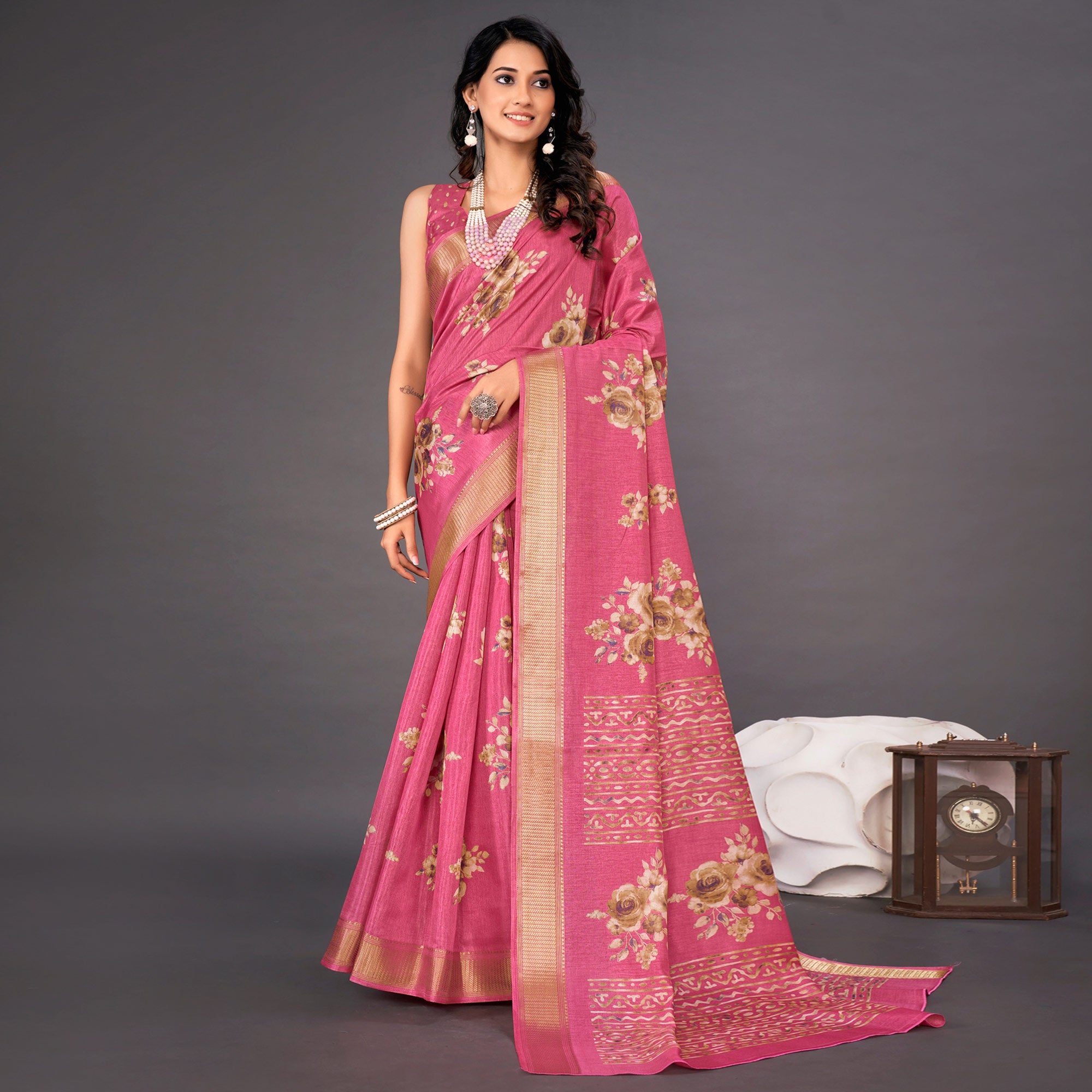 Pink Floral Printed Dola Silk Saree