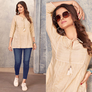 Beige Embroidered Cotton Silk Top