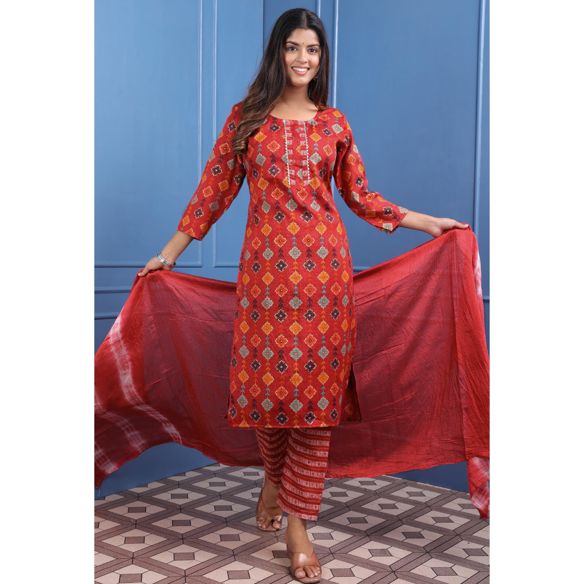 Red Floral Foil Printed Rayon Suit