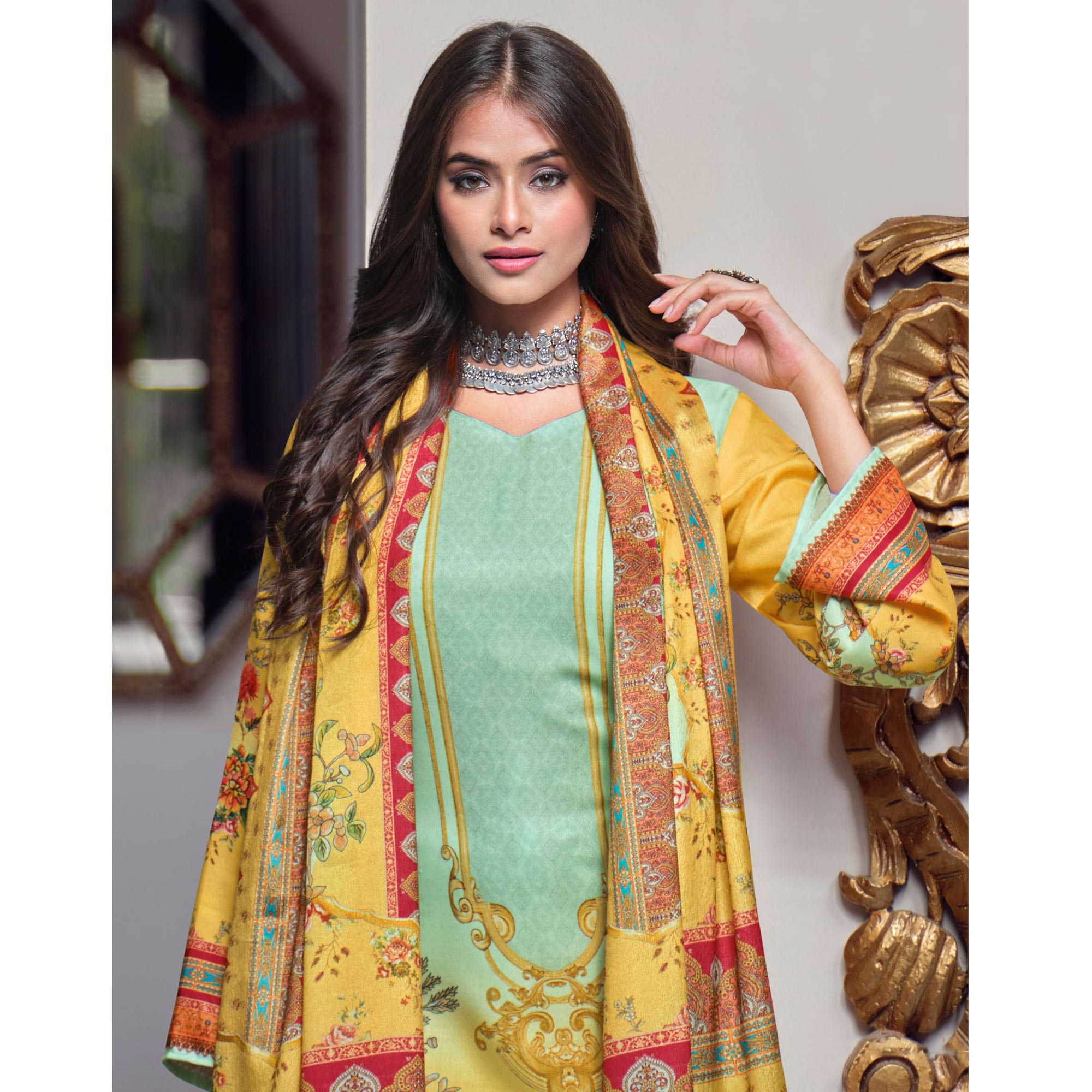 Sea Green And Yellow Digital Printed With Daman Embroidered Pure Cotton Pakistani Suit