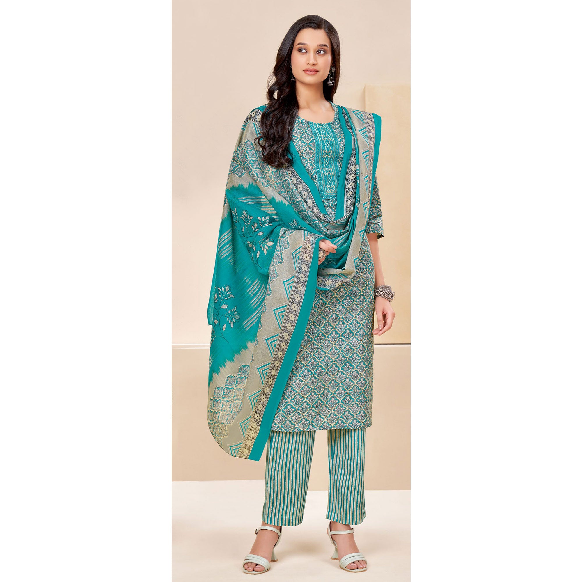 Rama Blue Printed With Tie Embroidered Pure Cotton Suit