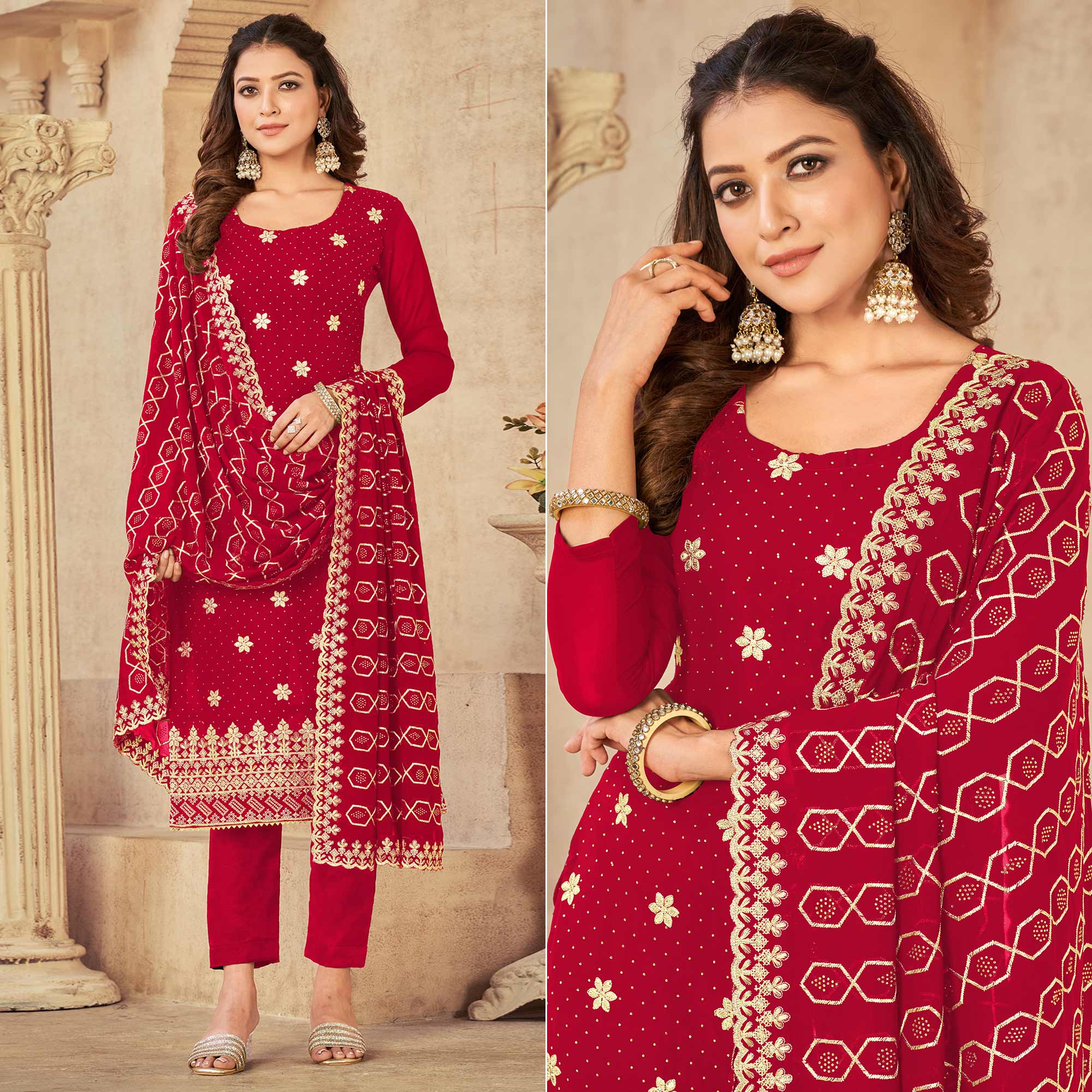 Red Embroidered Georgette Suit