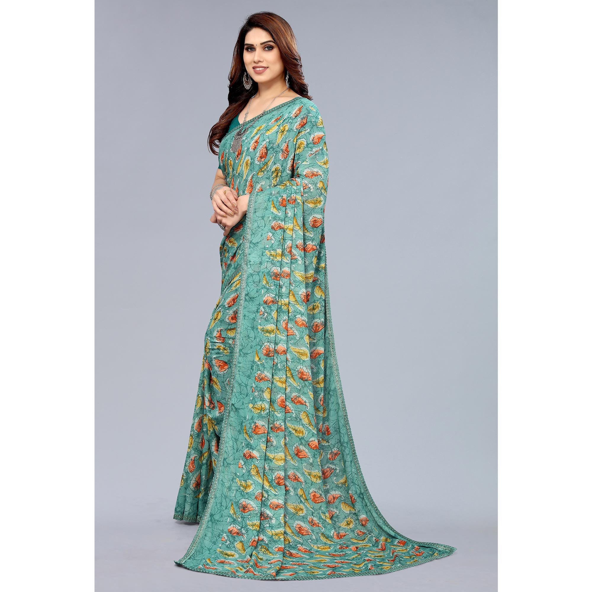 Rama Green Printed Georgette Saree With Crochet Border