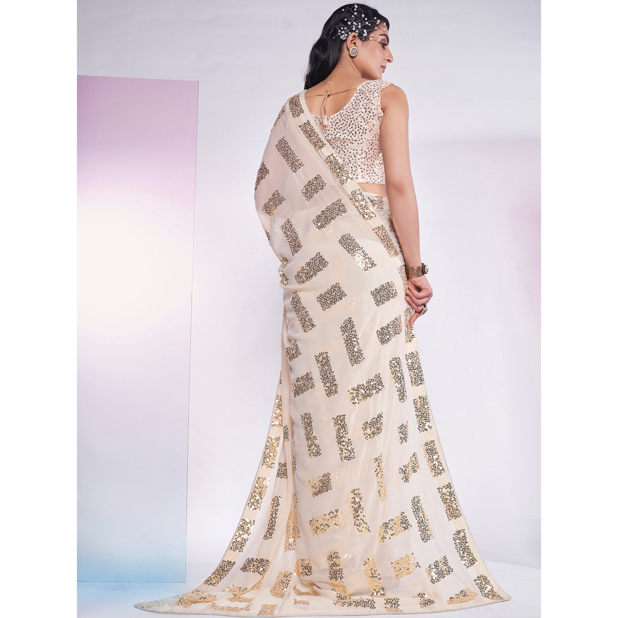 Cream Sequins Embroidered Georgette Saree