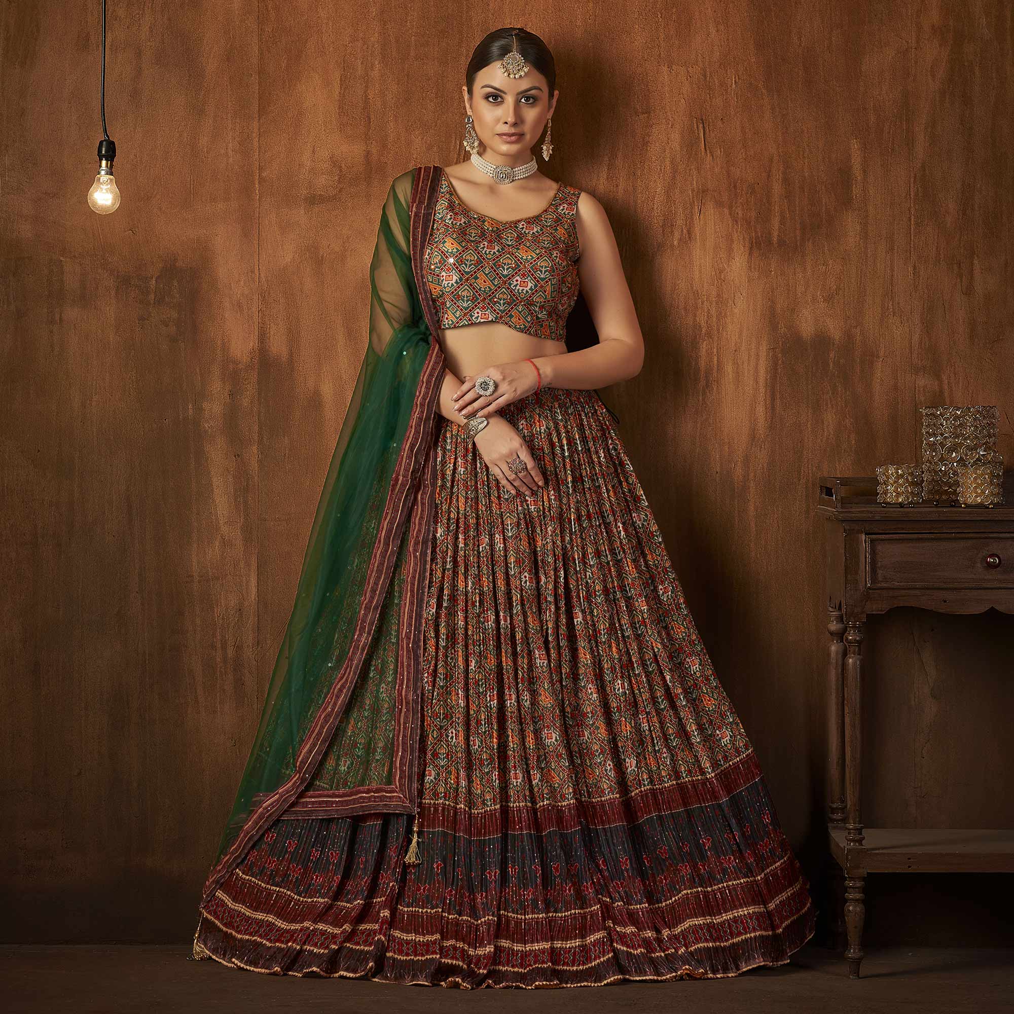 Green Printed With Sequins Work Georgette Lehenga Choli