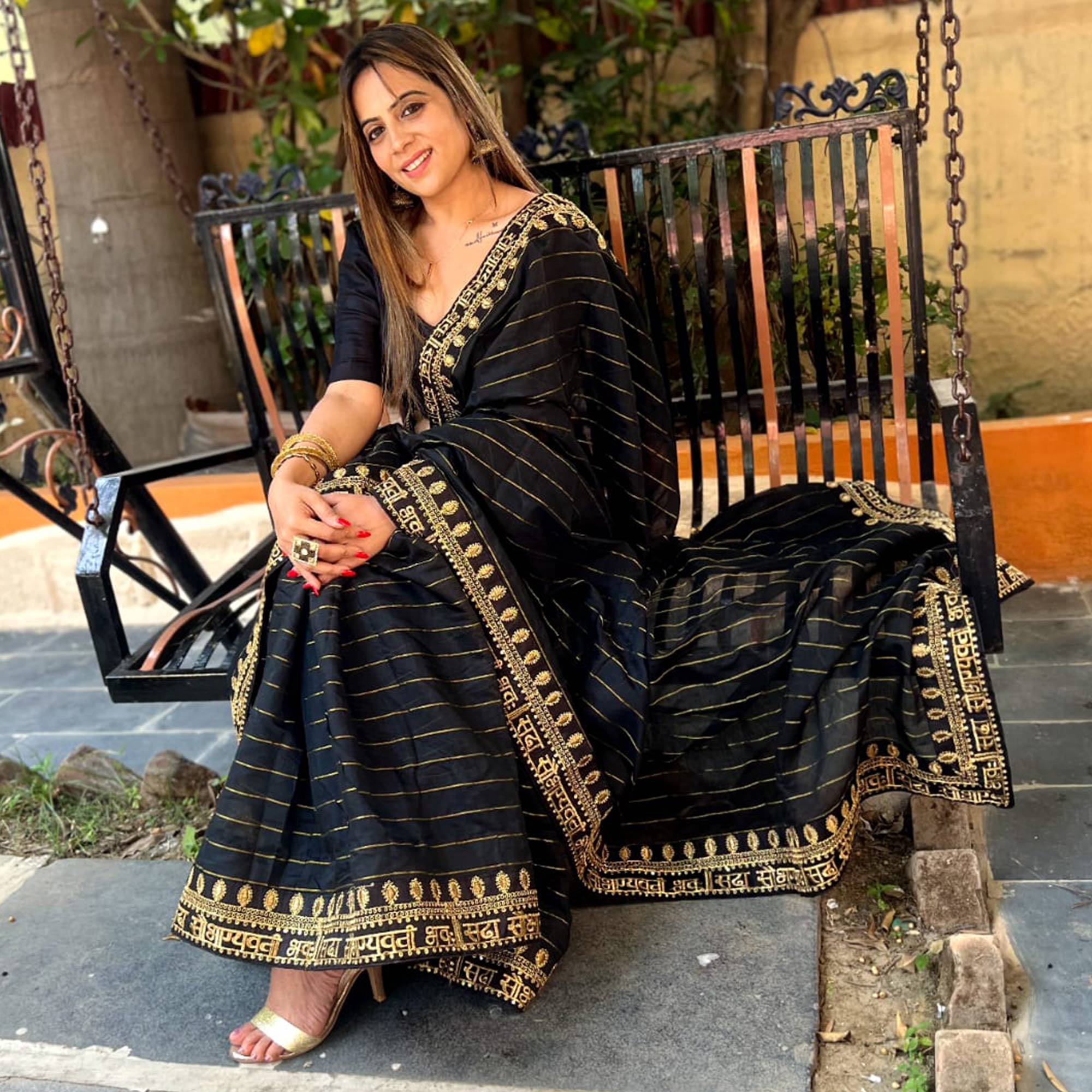 Black Striped With Embroidered Border Modal Saree