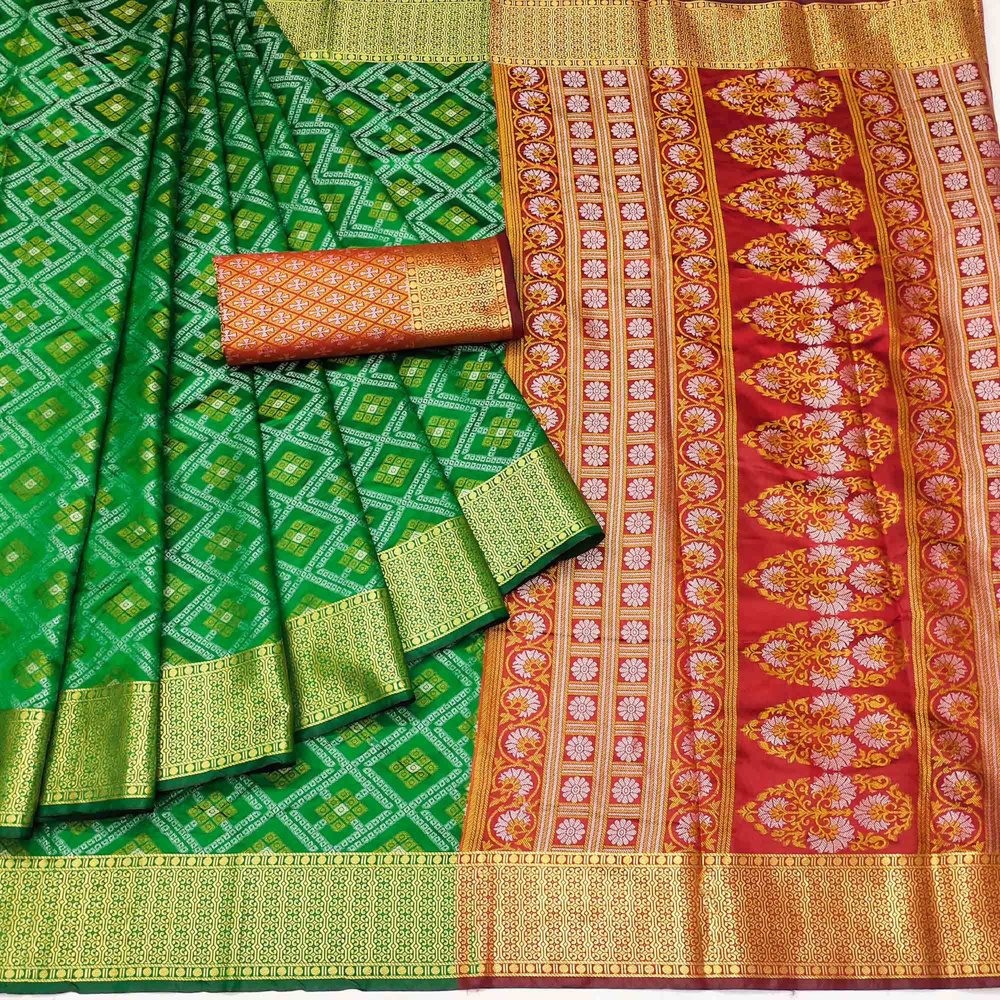 Green Bandhani Woven Banarasi Silk Saree