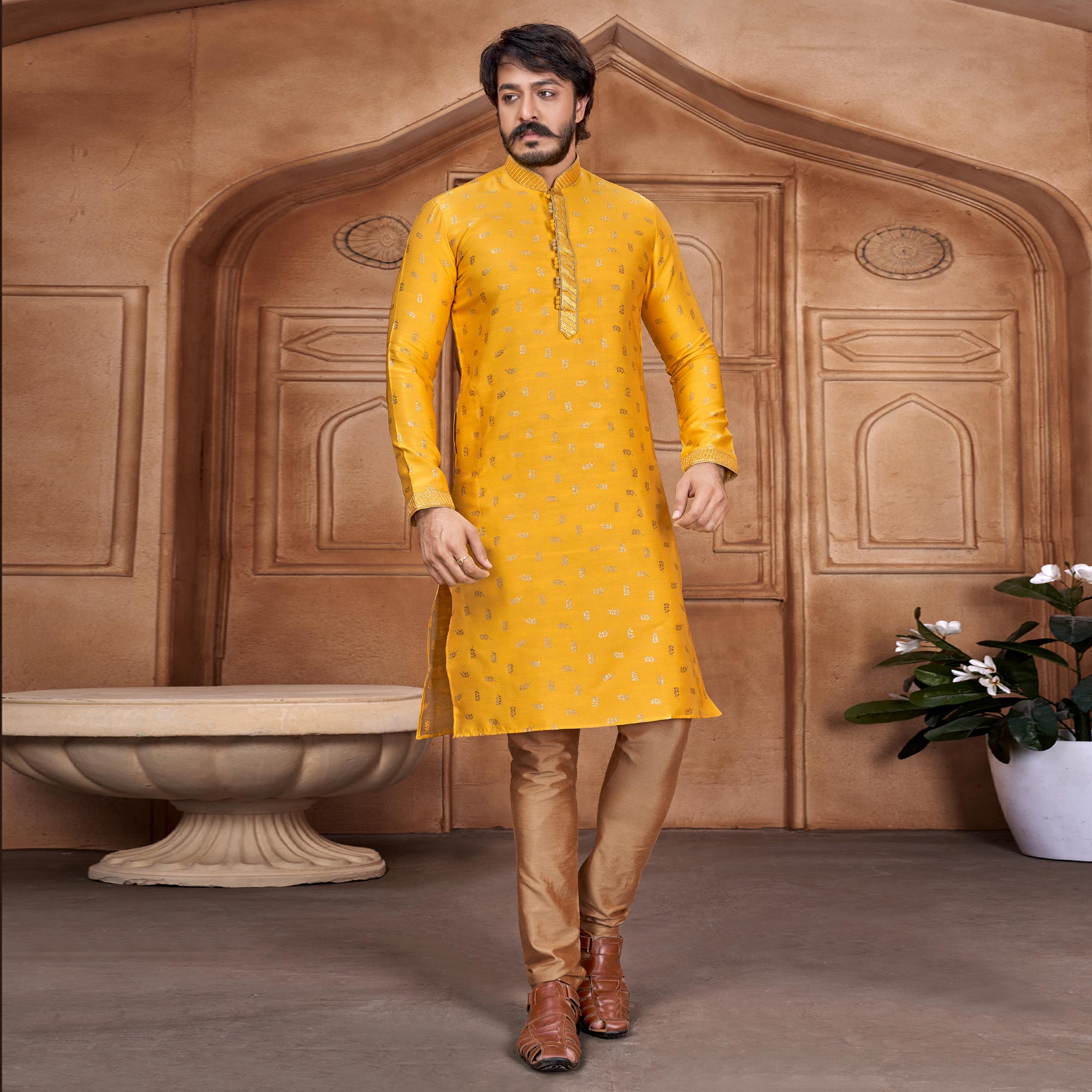 Yellow Woven Jacquard Kurta Pyjama Set