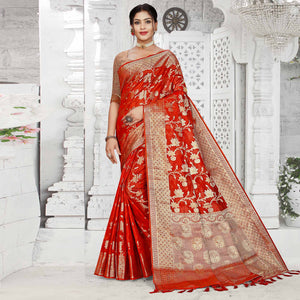 Red Floral Woven Organza Saree With Tassels