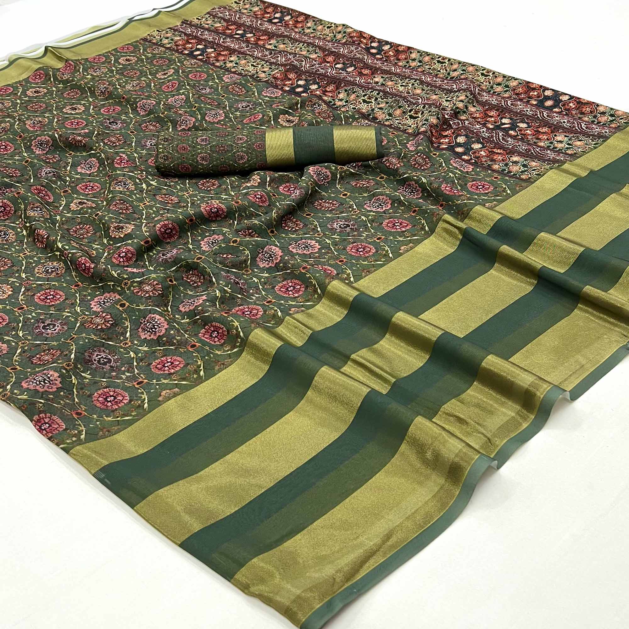 Green Digital Floral Printed Viscose Saree