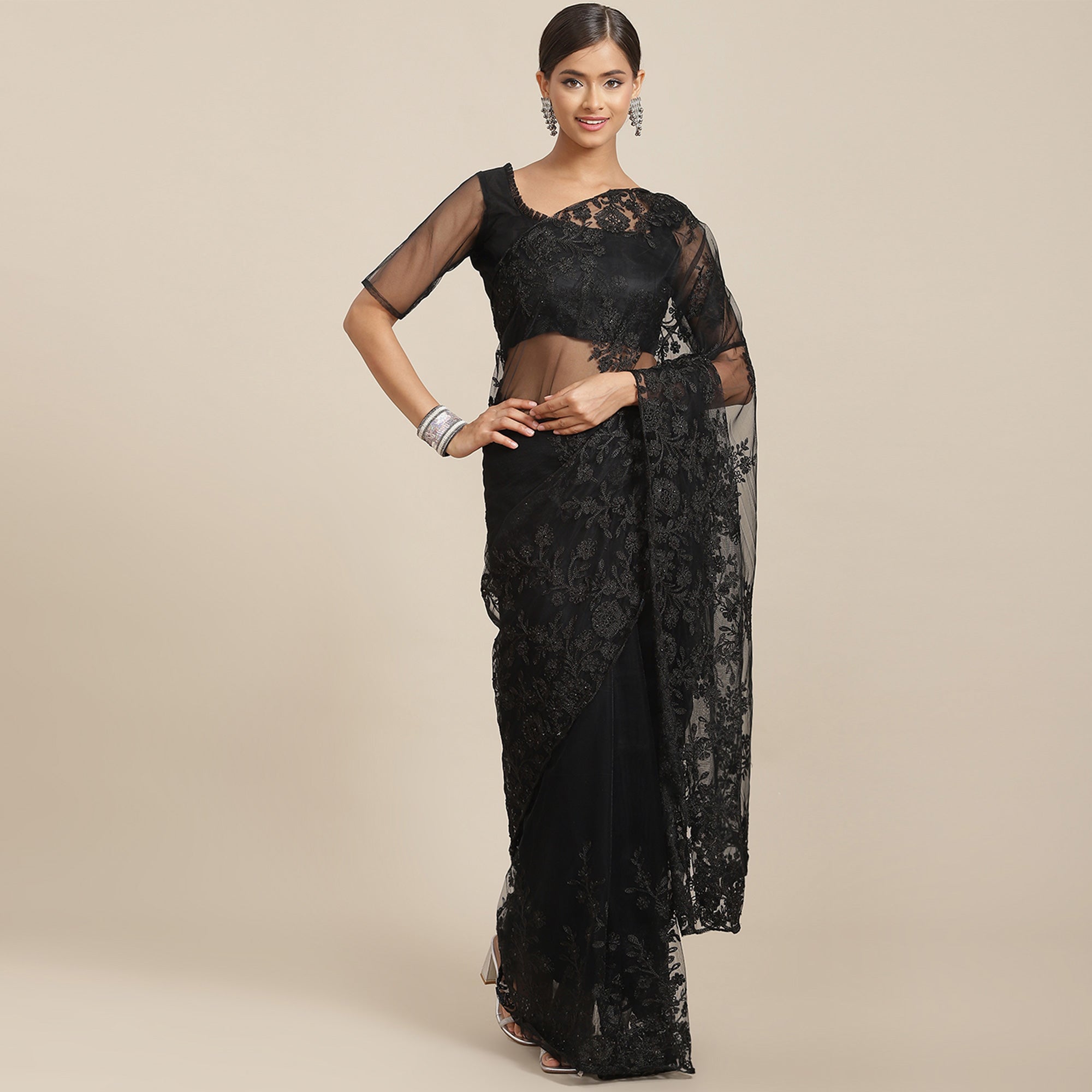 Black Floral Embroidered Net Saree