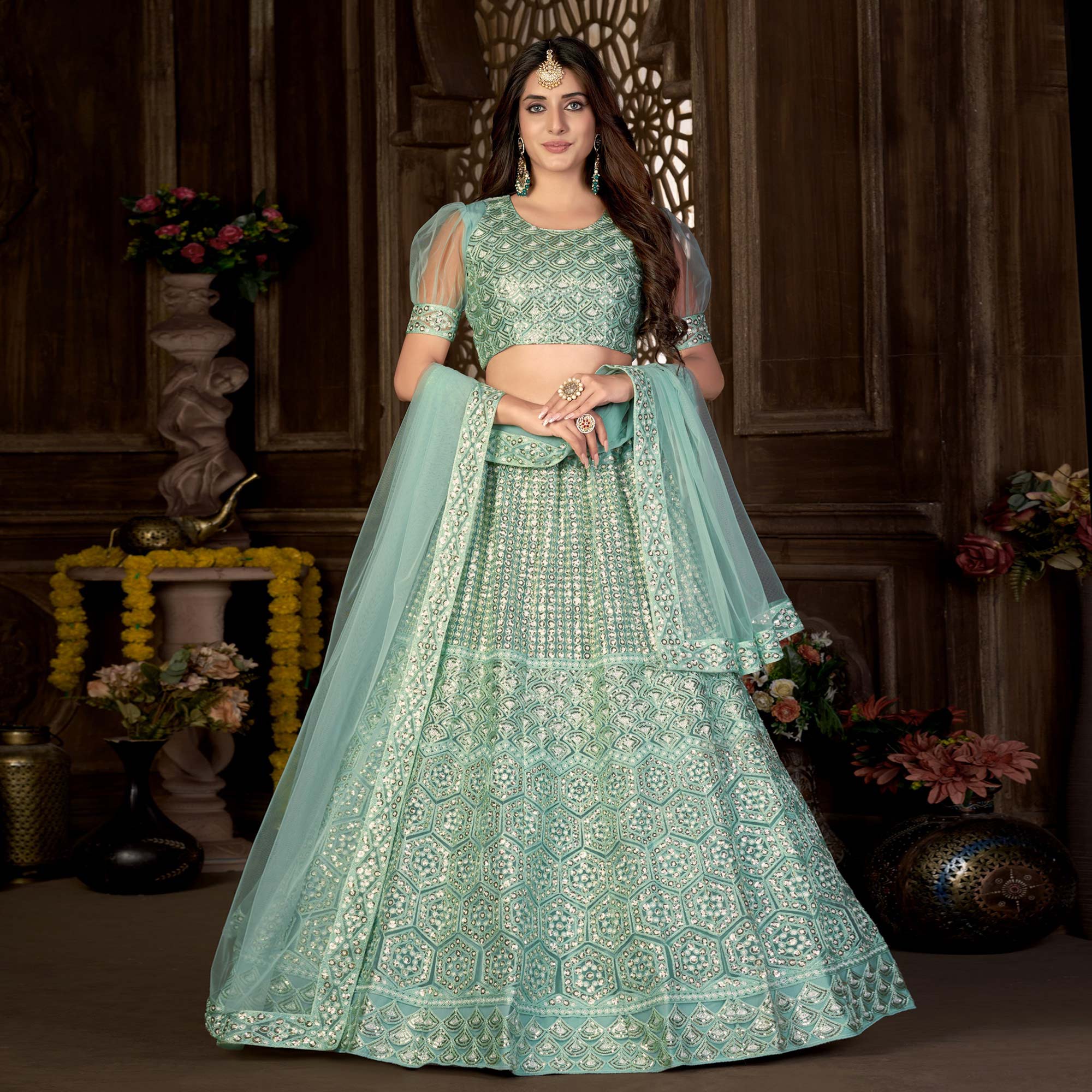 Sea Green Sequins Embroidered Netted Lehenga Choli