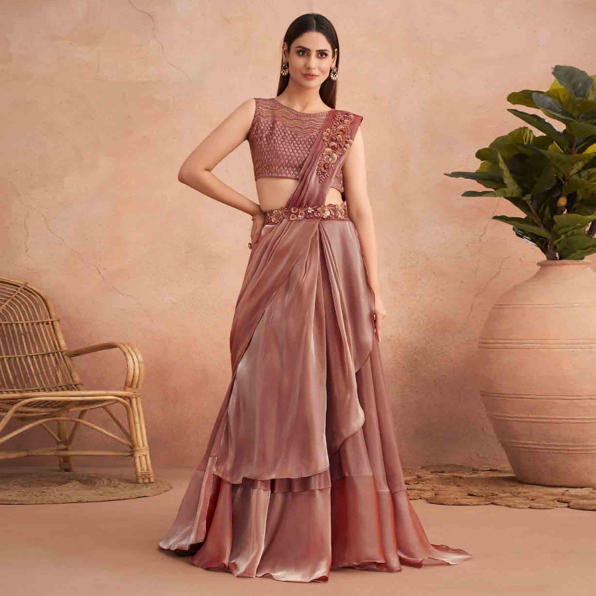 Salmon Pink Sequins Embroidered Ready to Wear Art Silk Saree