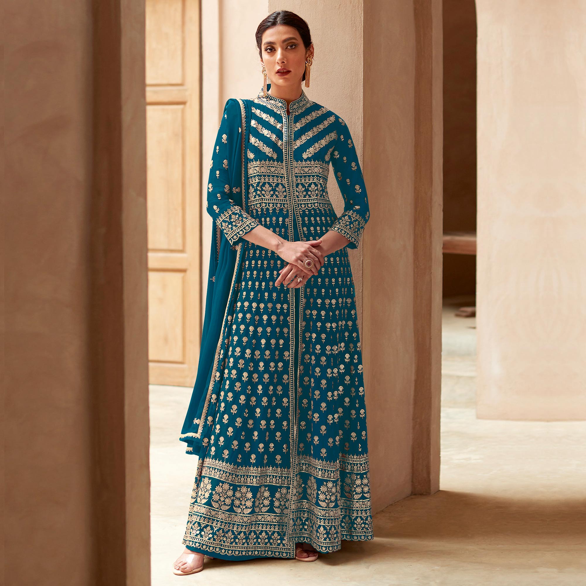 Rama Blue Floral Embroidered Georgette Palazzo Suit