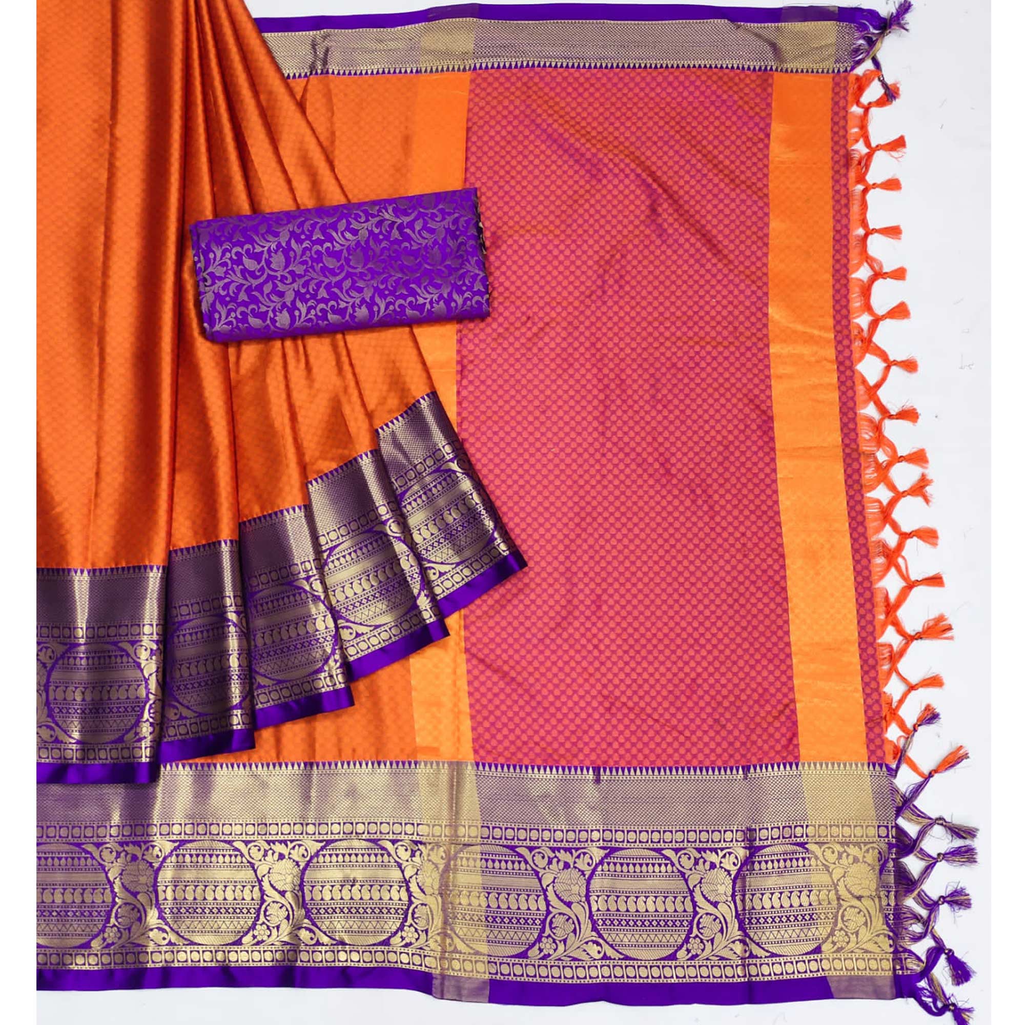 Orange Woven Cotton Silk Saree With Tassels