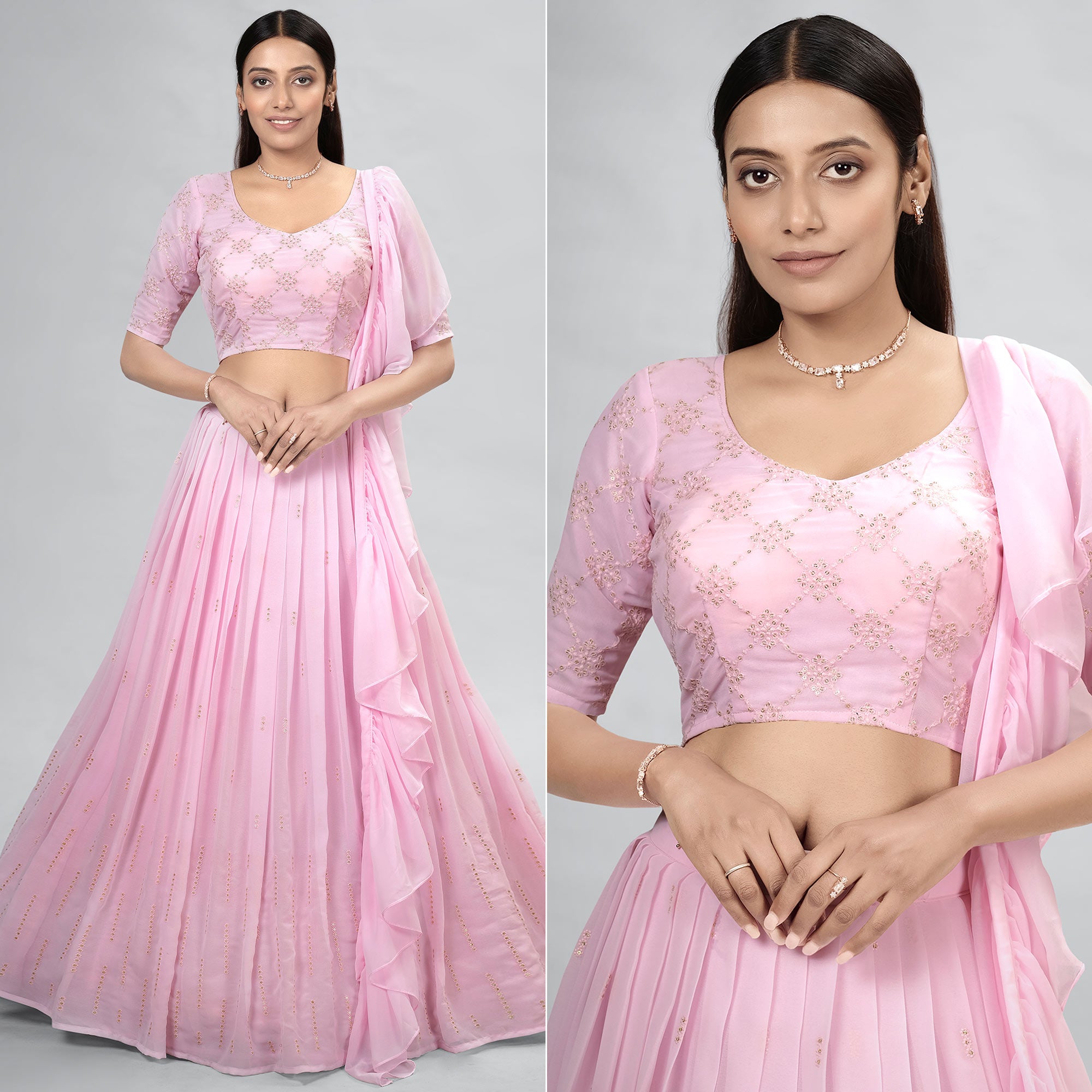 Pink Embroidered Georgette Lehenga Choli