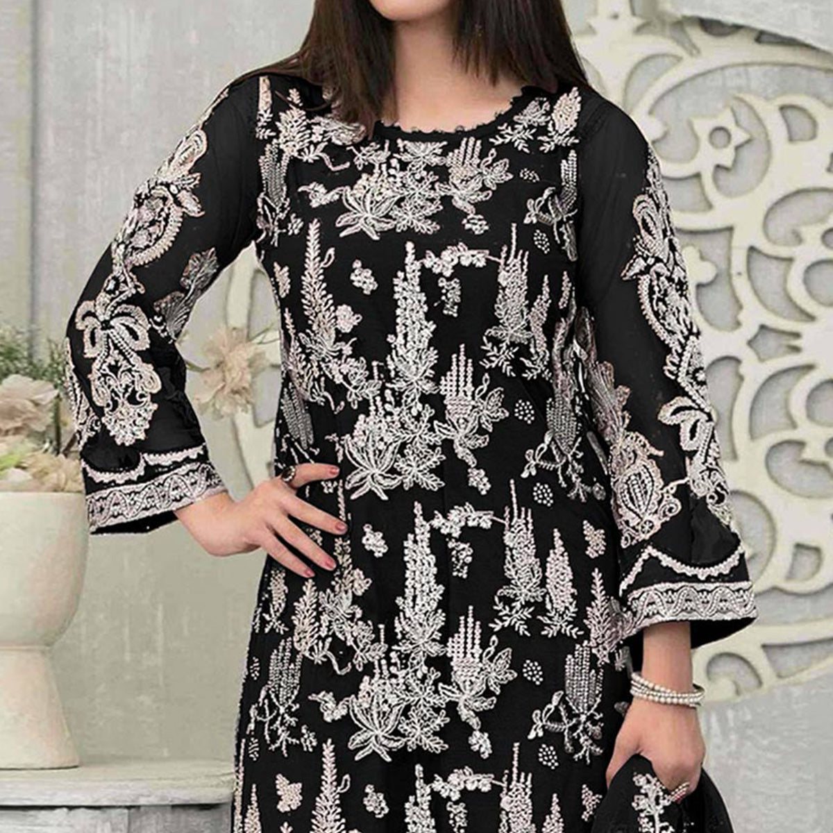 Black Floral Embroidered Georgette Pakistani Suit