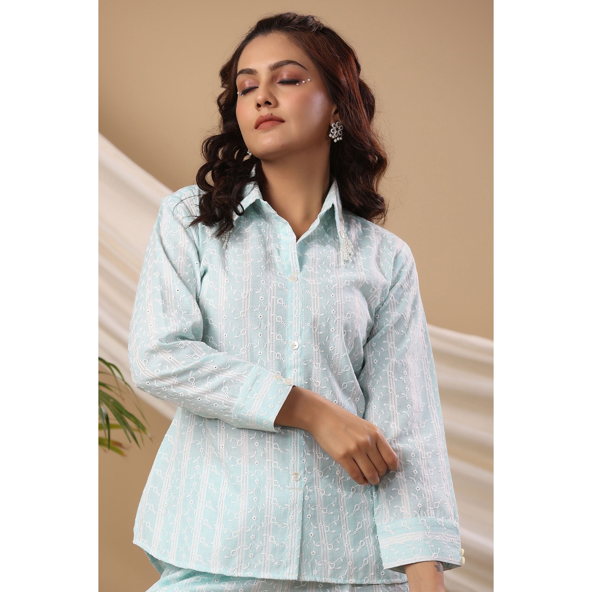 Light Blue Embroidered Pure Cotton Co Ord Set