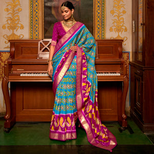 Blue & Rose Pink Printed Art Silk Saree