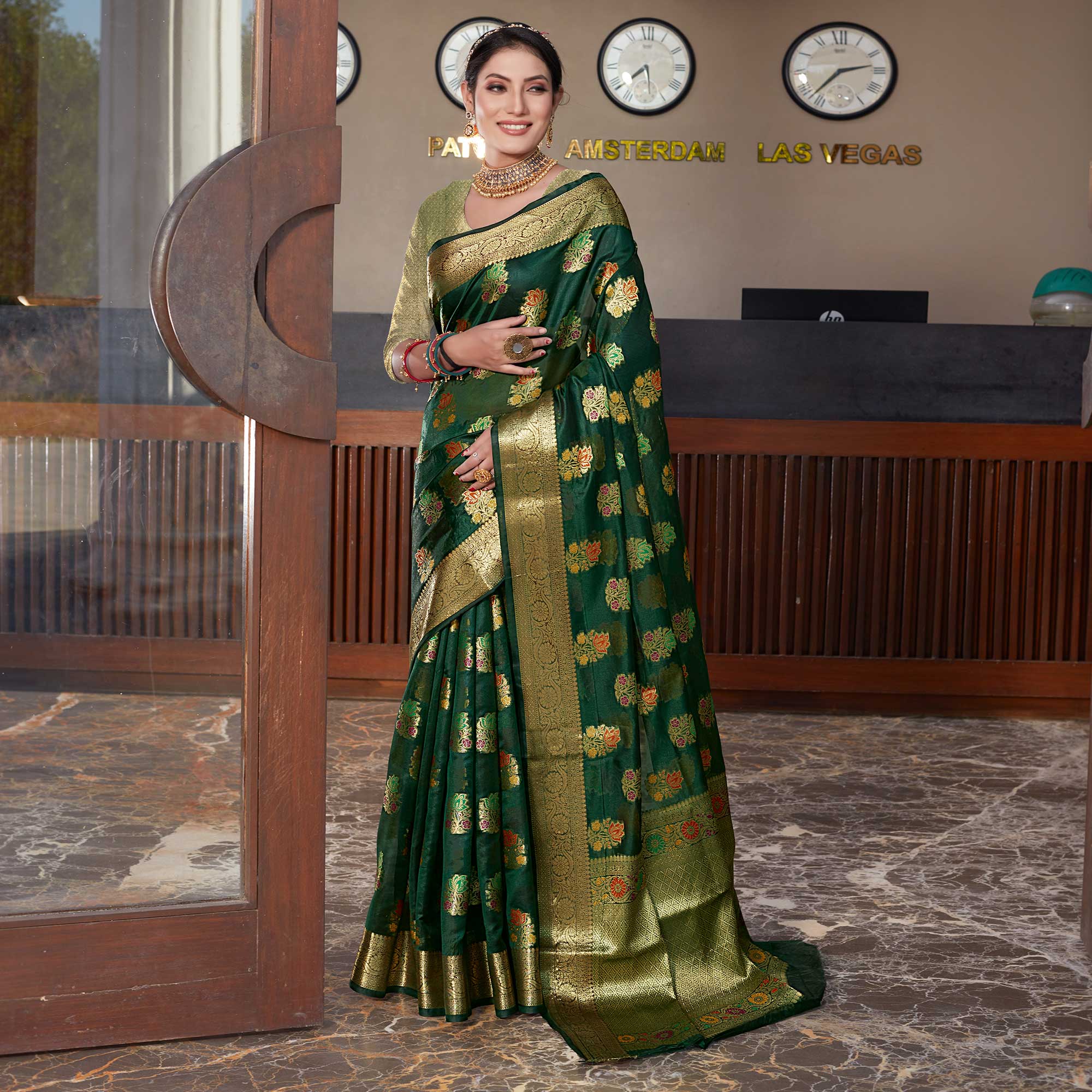 Bottle Green Floral Woven Organza Saree