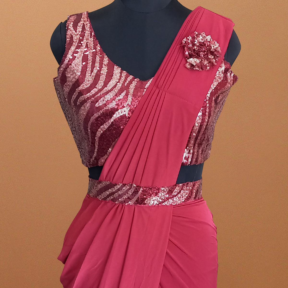 Pink Solid With Sequins Ready to Wear Lycra Saree