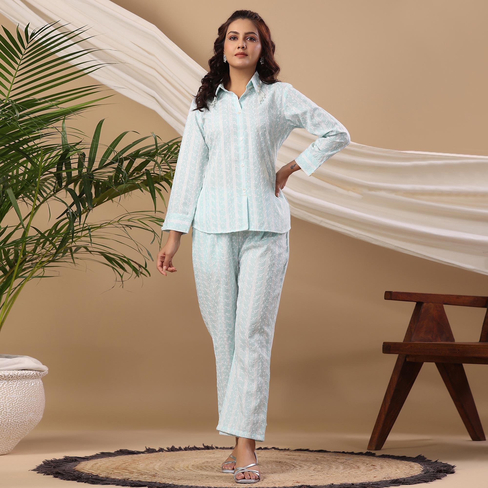 Light Blue Embroidered Pure Cotton Co Ord Set