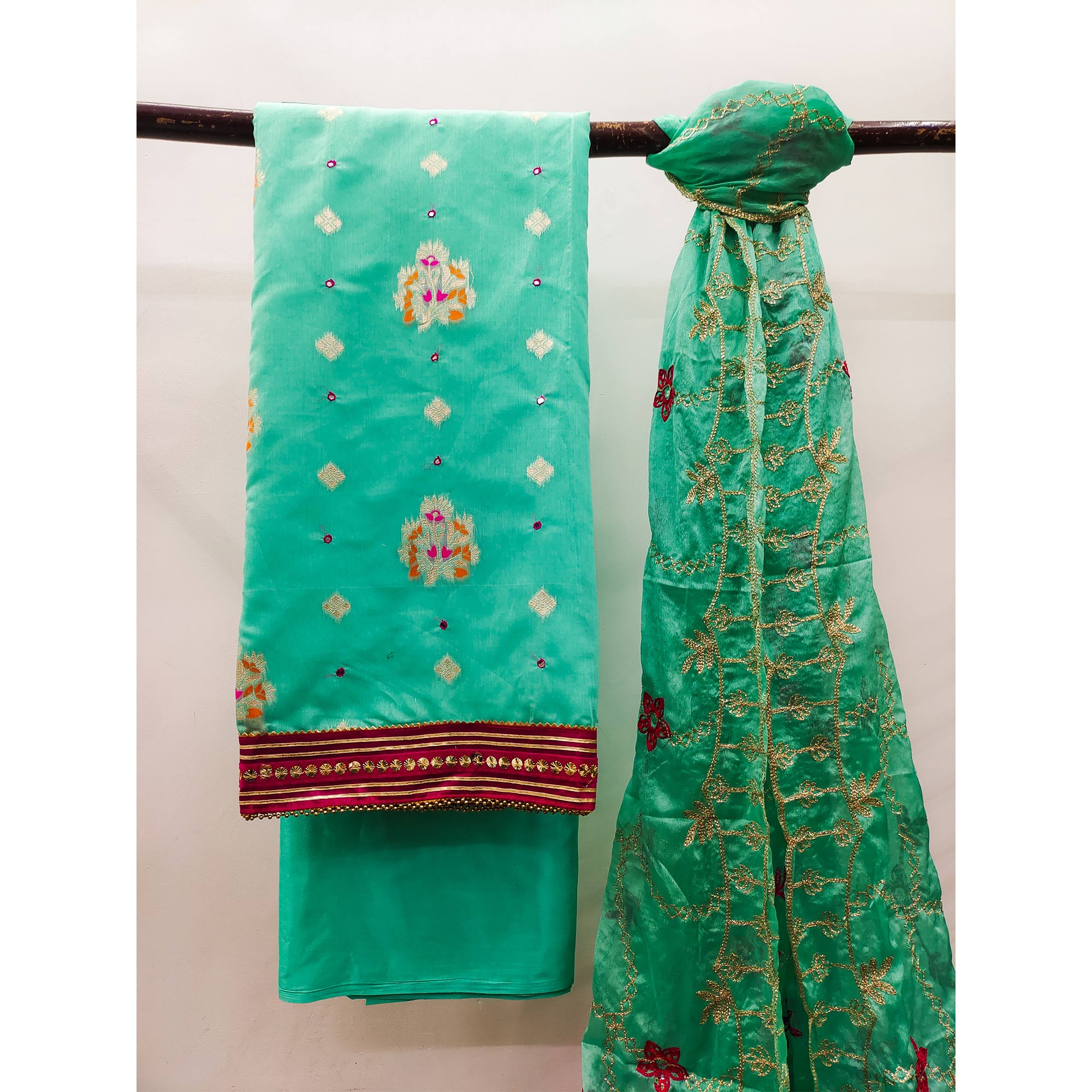Turquoise Floral Woven Banarasi Silk Dress Material