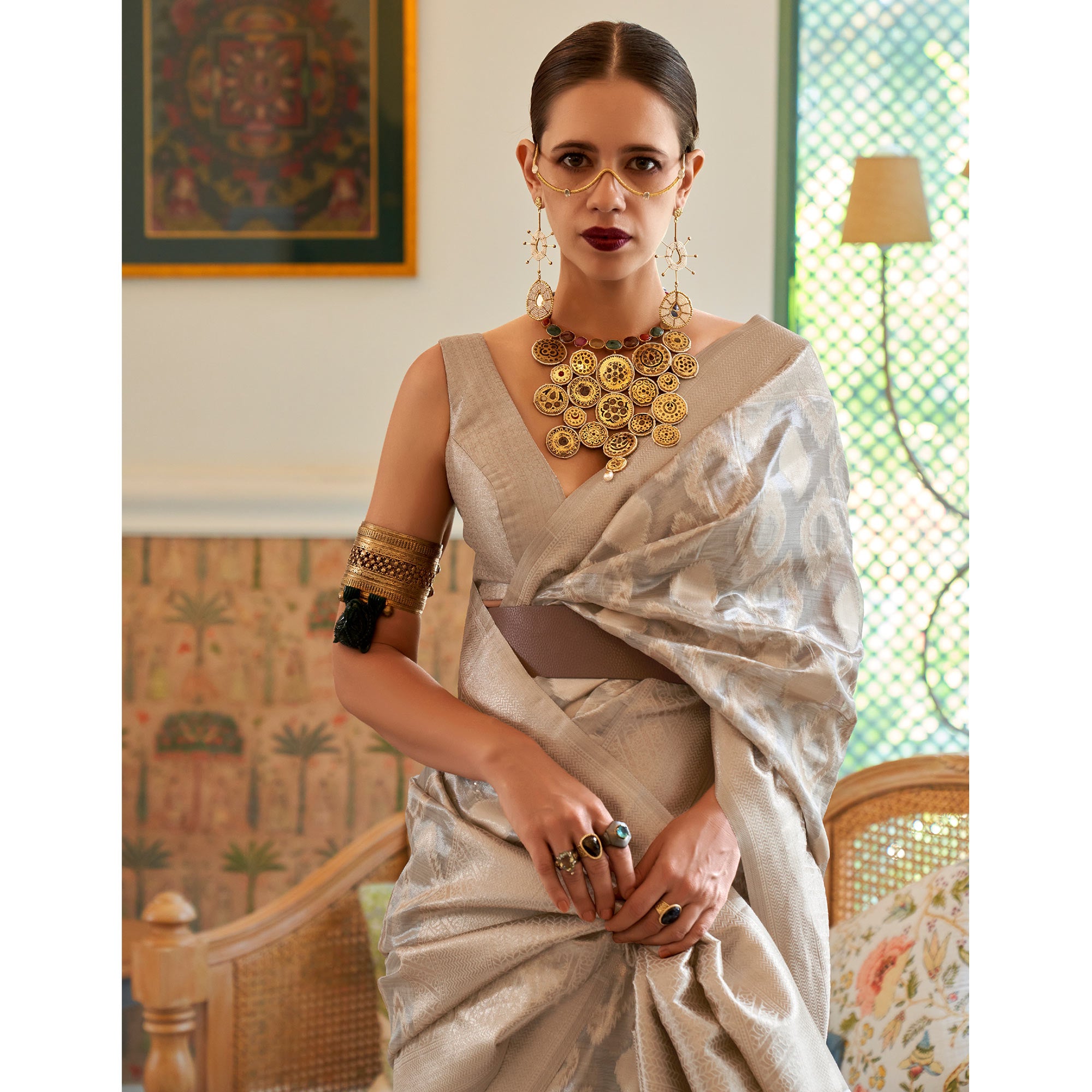 Grey Woven Art Silk Saree With Tassels