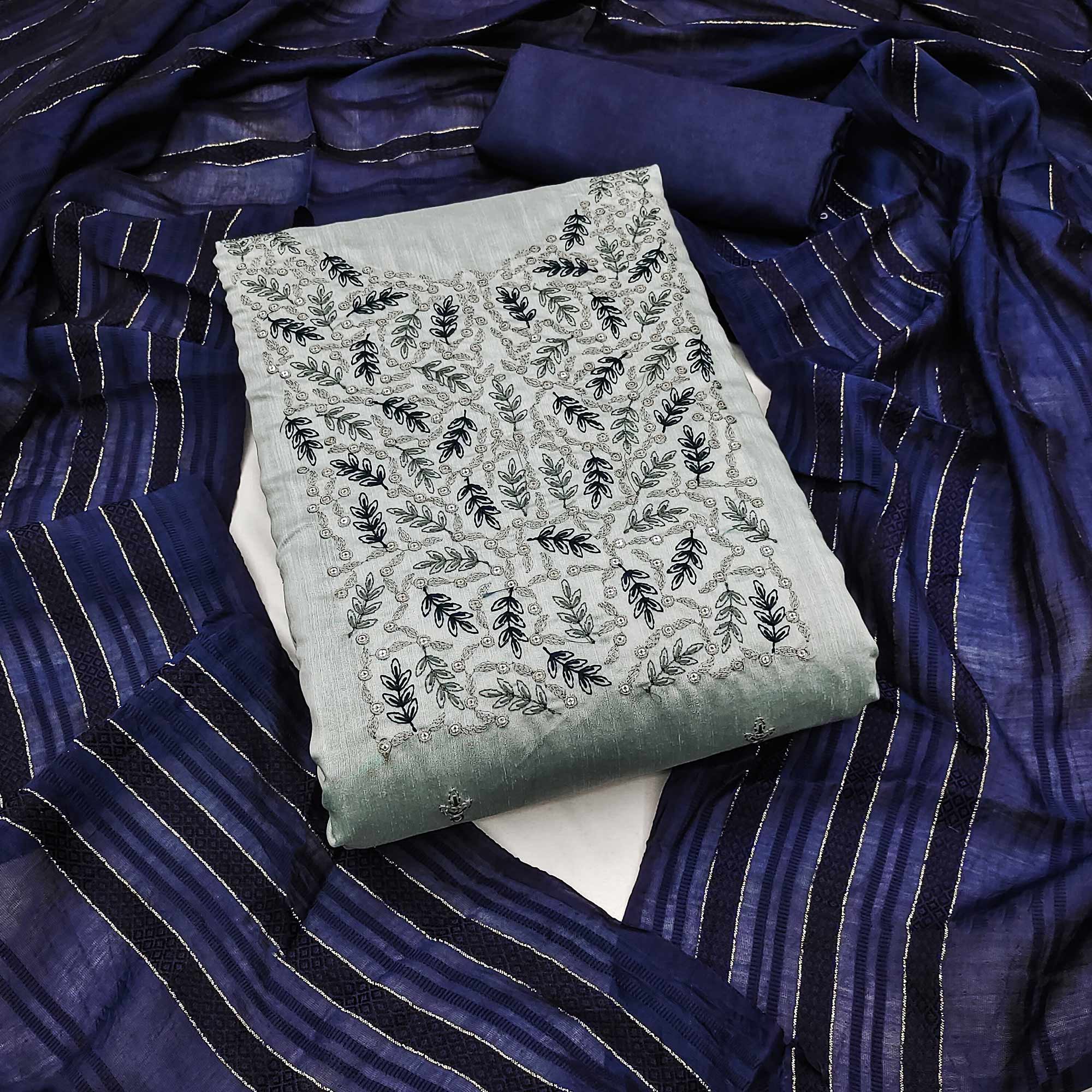 Grey Floral Embroidered Cotton Silk Dress Material