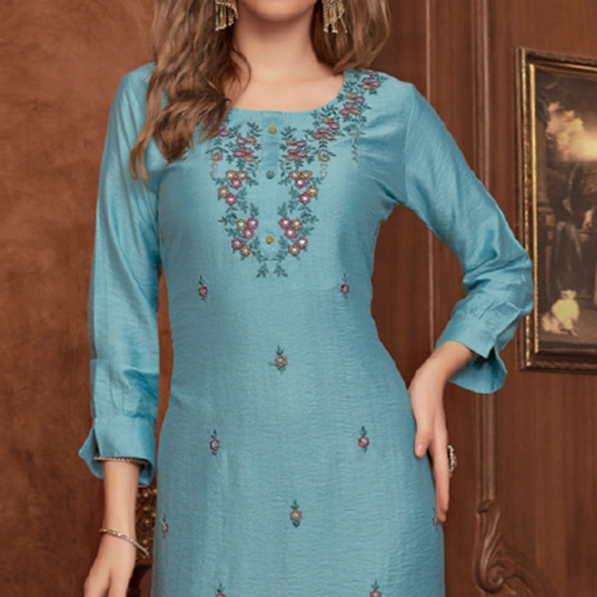 Blue Floral Embroidered Rayon Kurti