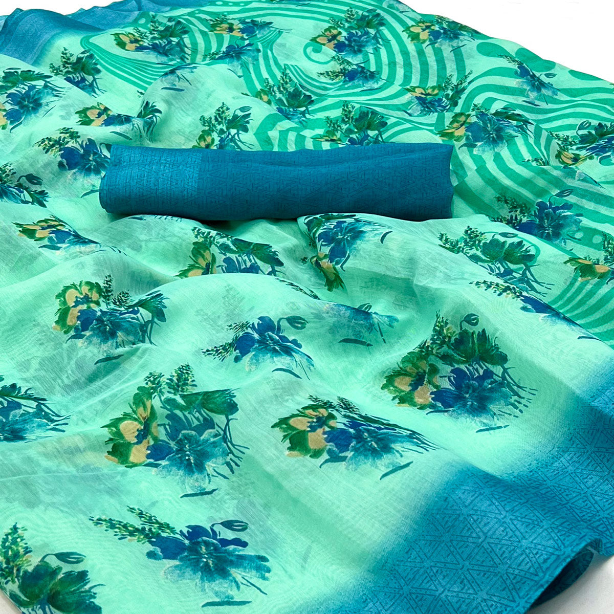 Rama Green Floral Printed Linen Saree