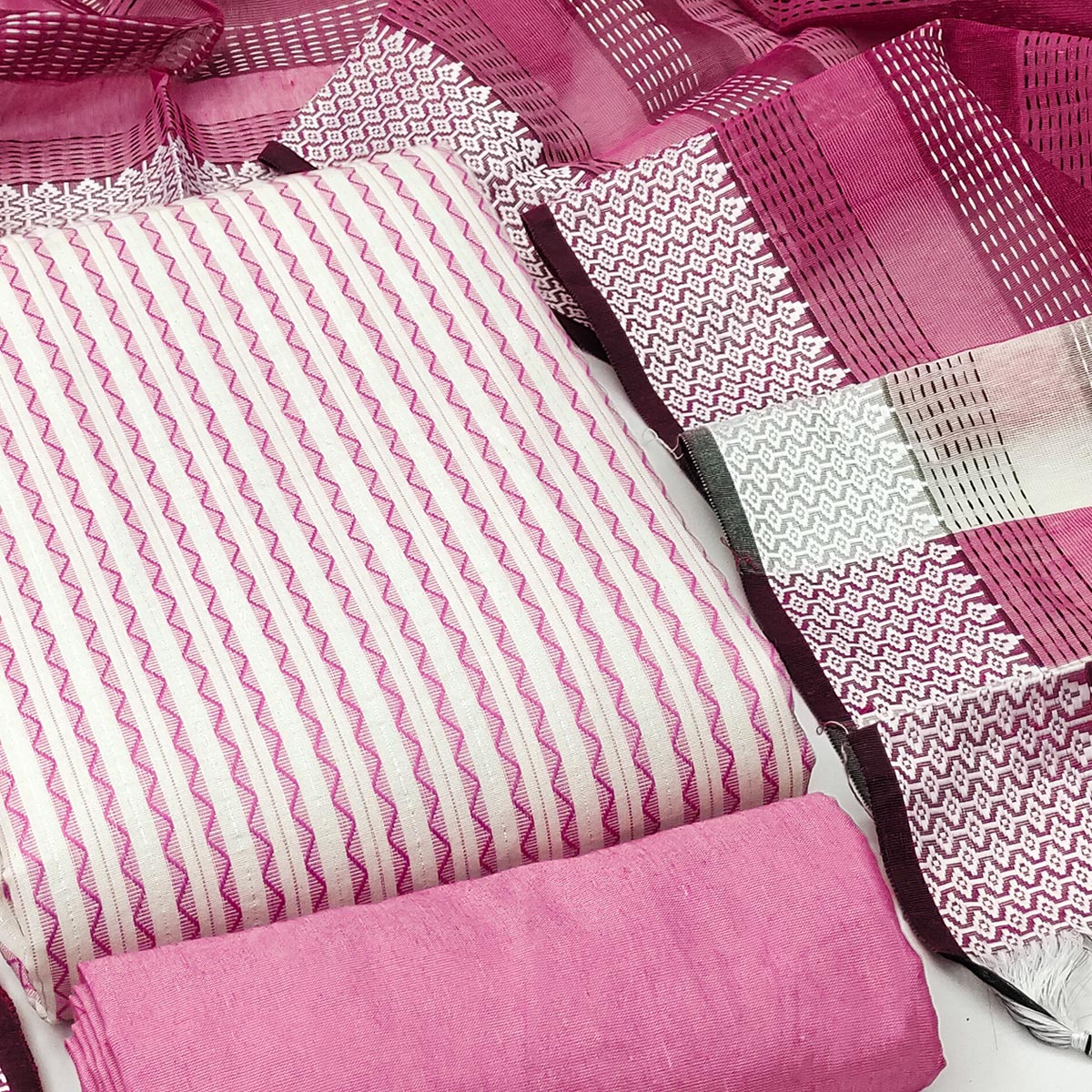 Pink Striped Printed With Woven Cotton Blend Dress Material