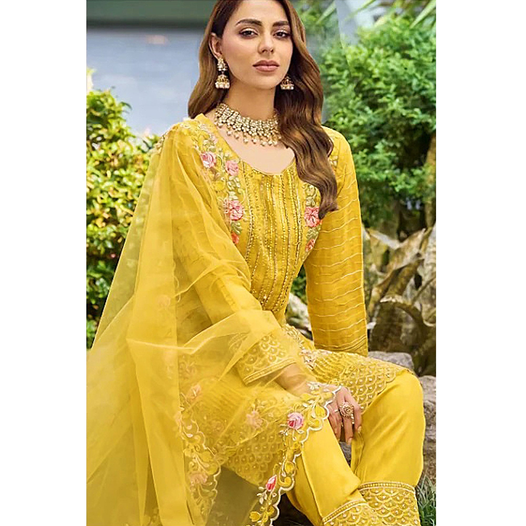 Yellow Floral Embroidered Organza Pakistani Suit