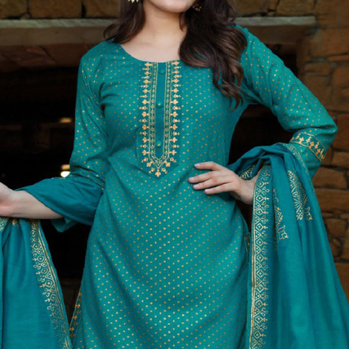 Turquoise Blue Printed Rayon Salwar Suit