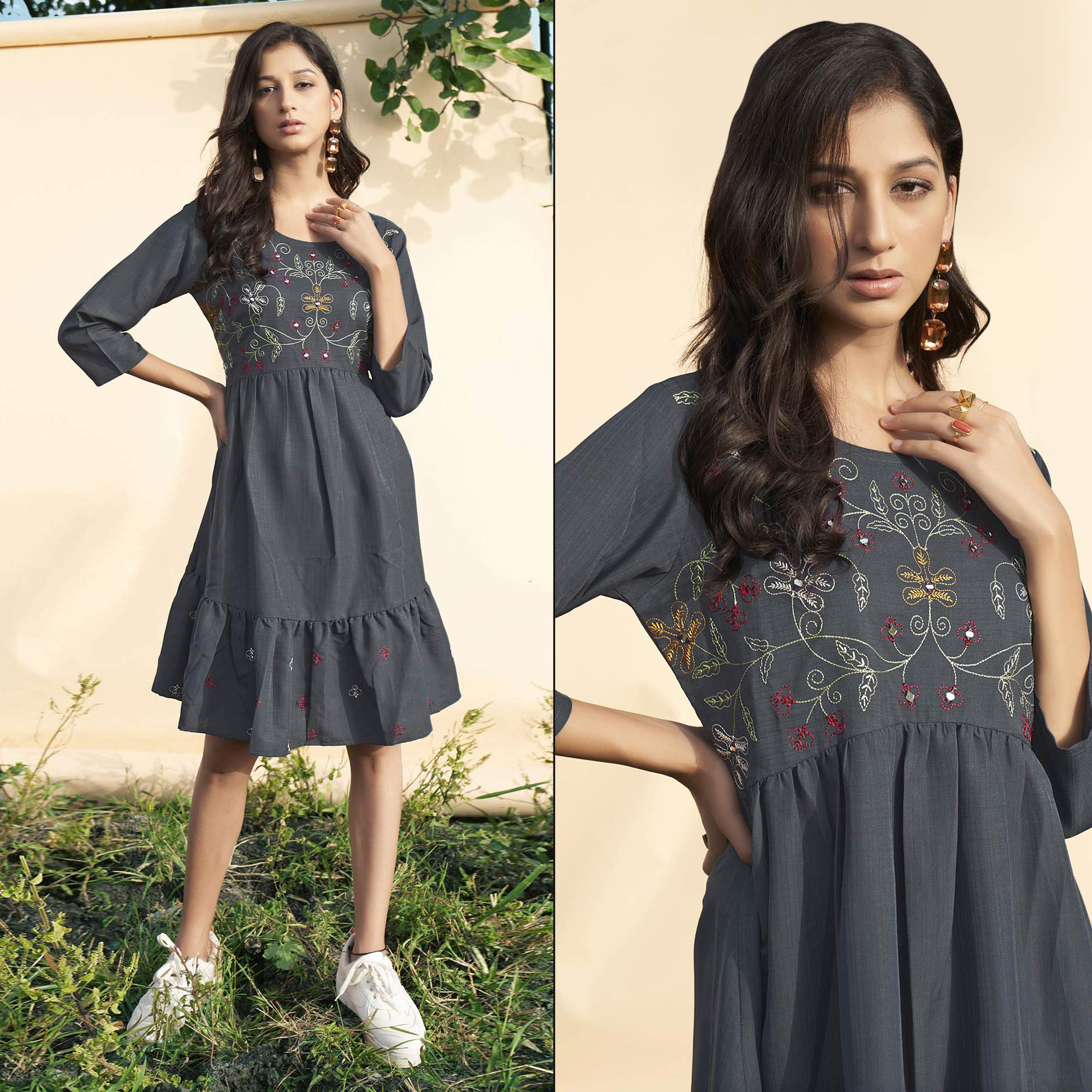 Grey Embroidered Rayon Short Dress