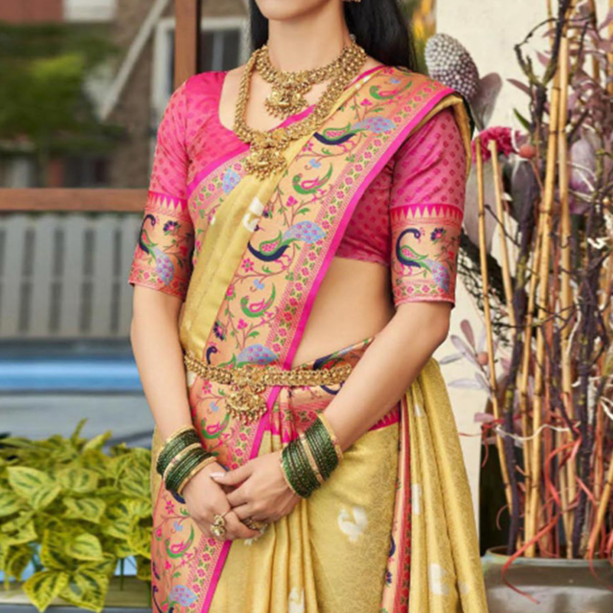 Beige Woven Kanjivaram Silk Paithani Saree With Tassels
