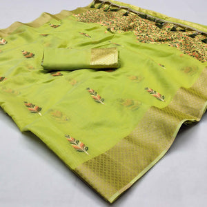Green Woven Art Silk Saree With Tassels