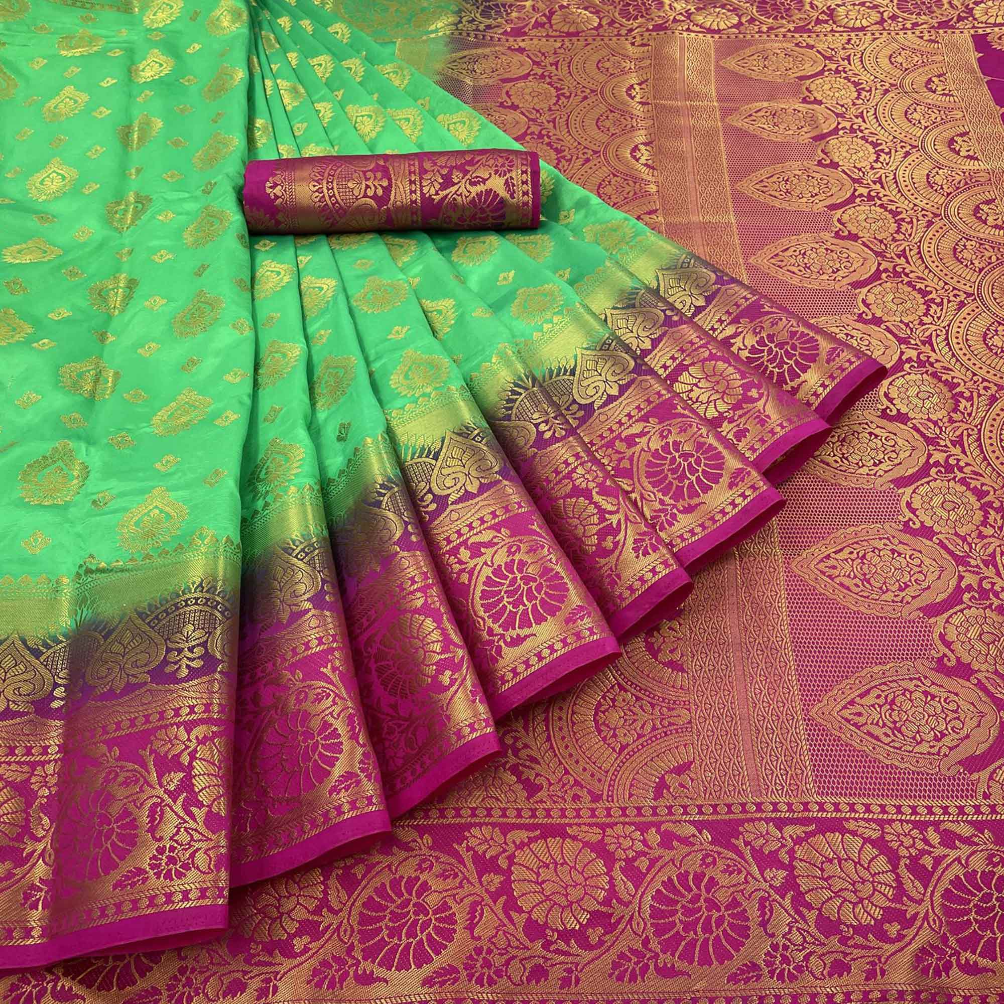 Parrot Green Woven Banarasi Silk Saree