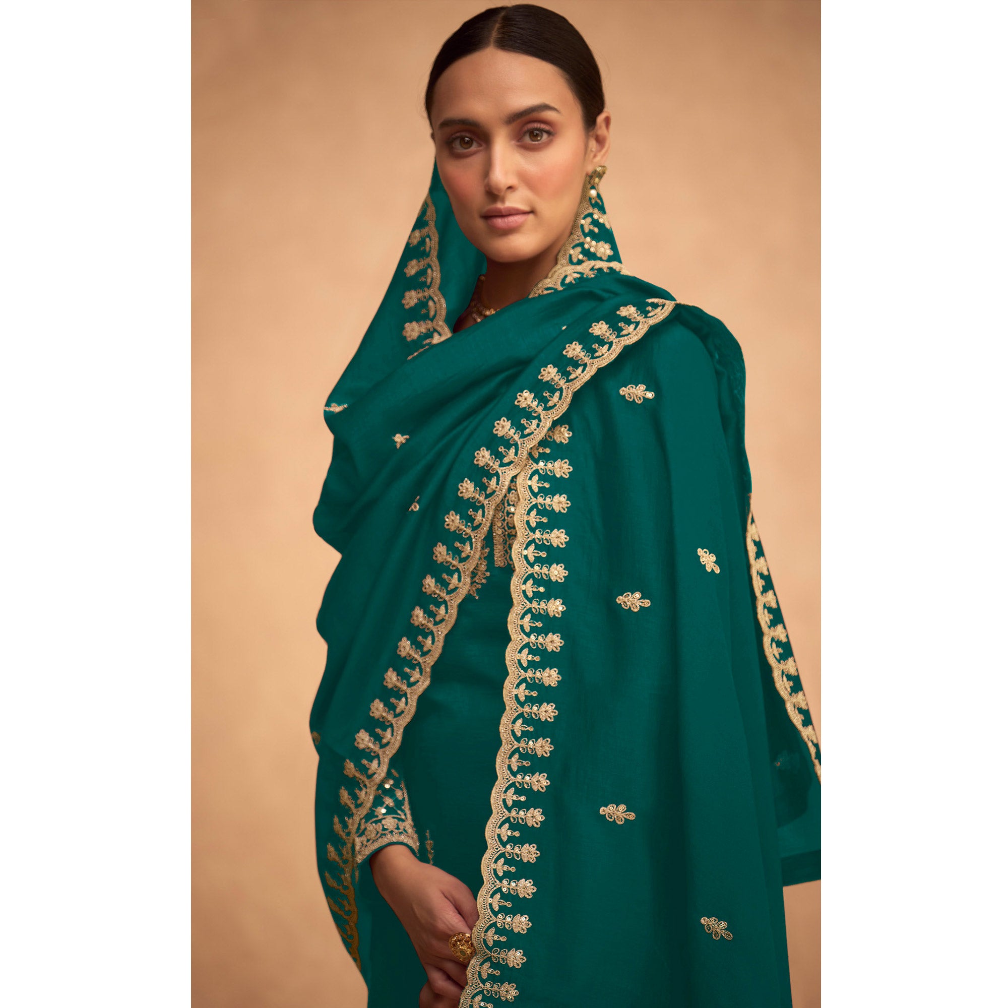 Rama Green Sequins Embroidered Georgette Palazzo Suit