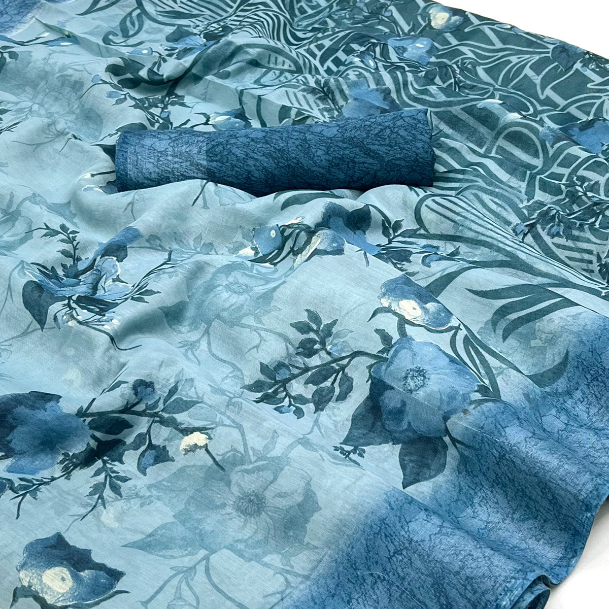 Blue Floral Printed Linen Saree