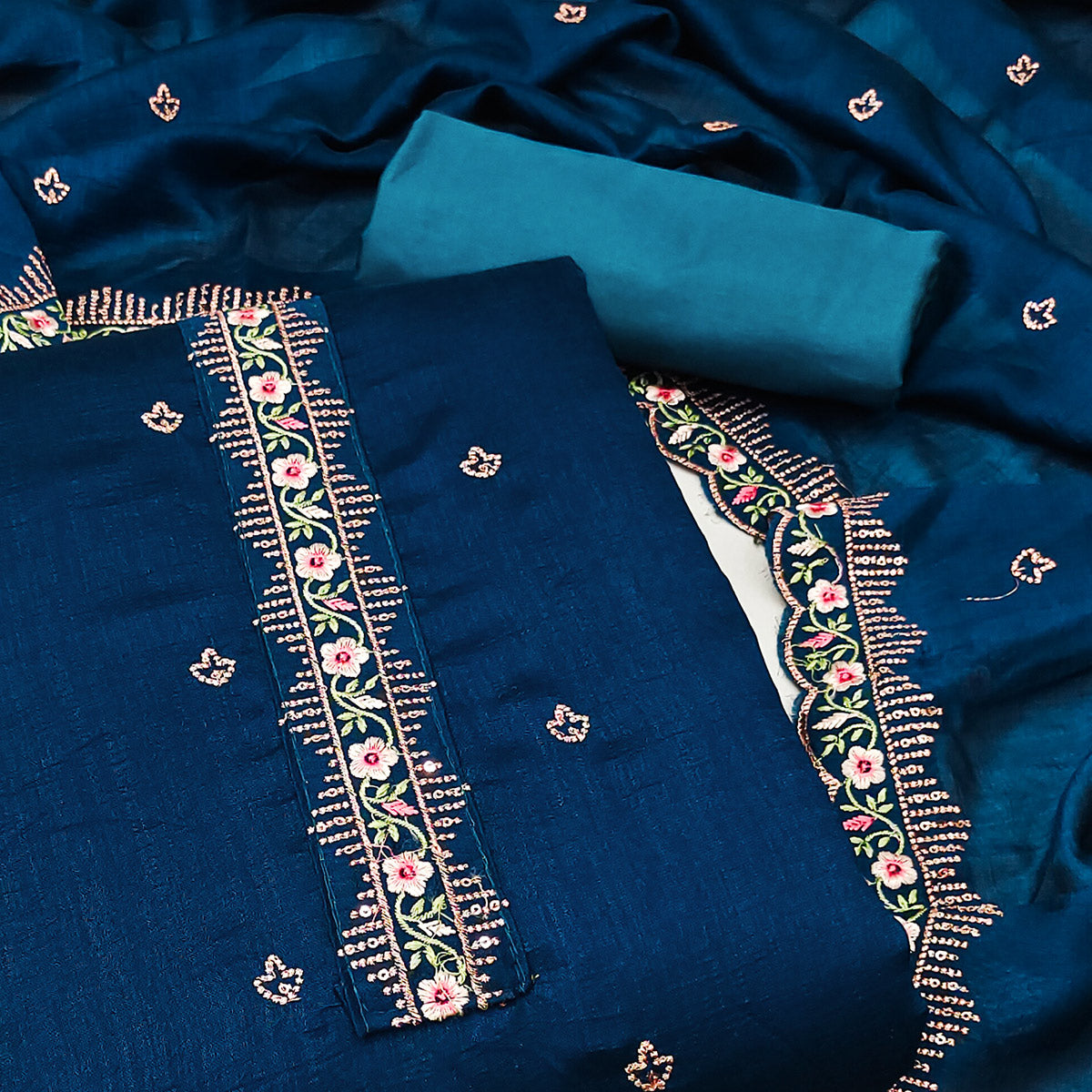 Blue Floral Embroidered Vichitra Silk Dress Material