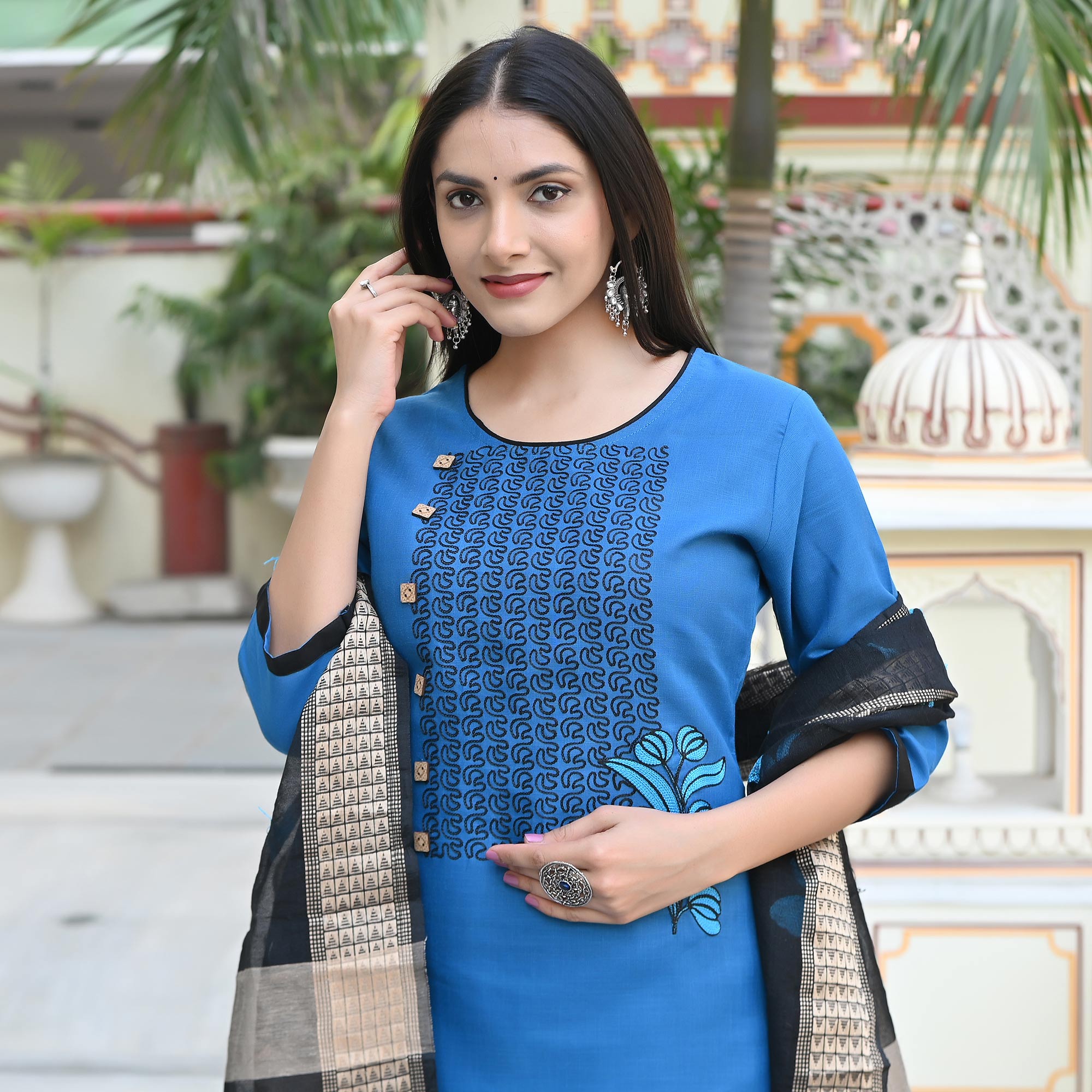 Blue Embroidered Cotton Blend Salwar Suit