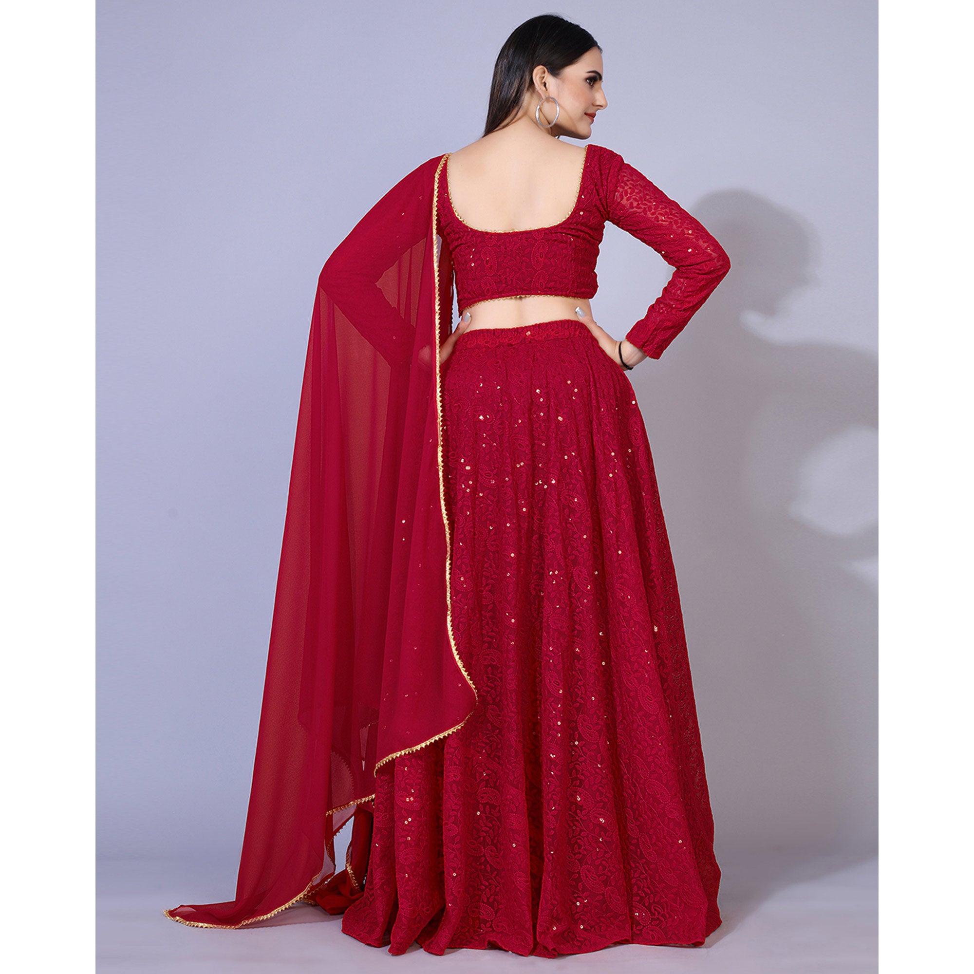 Dark Red Lucknowi Chikankari Work Georgette Lehenga Choli