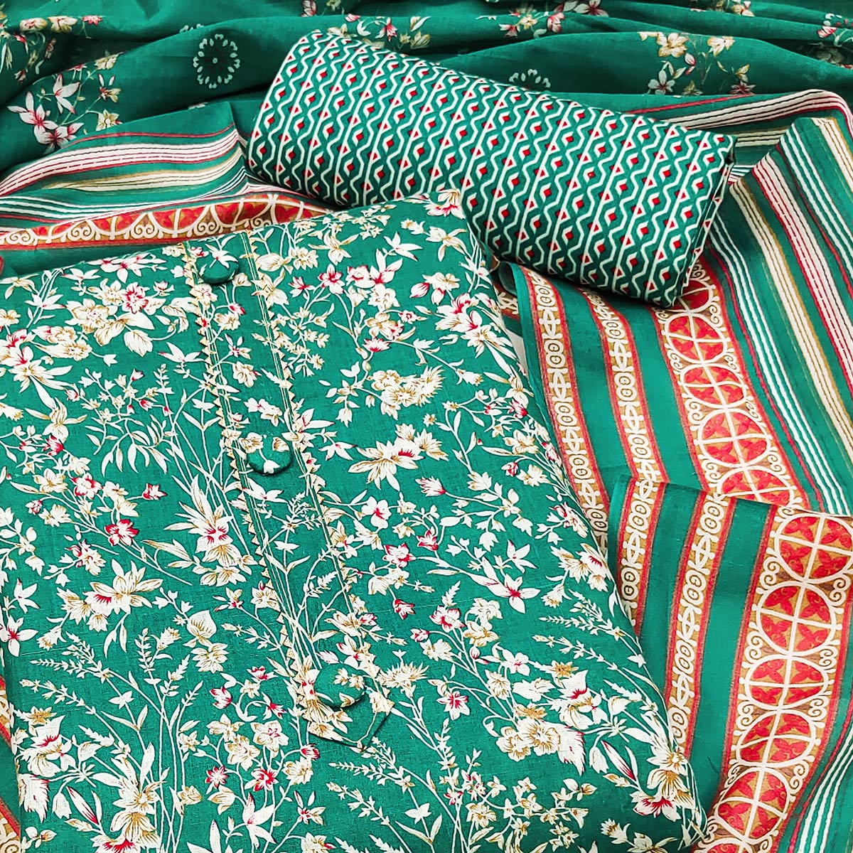 Green Floral Printed Cotton Blend Dress Material