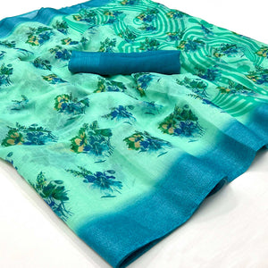 Rama Green Floral Printed Linen Saree