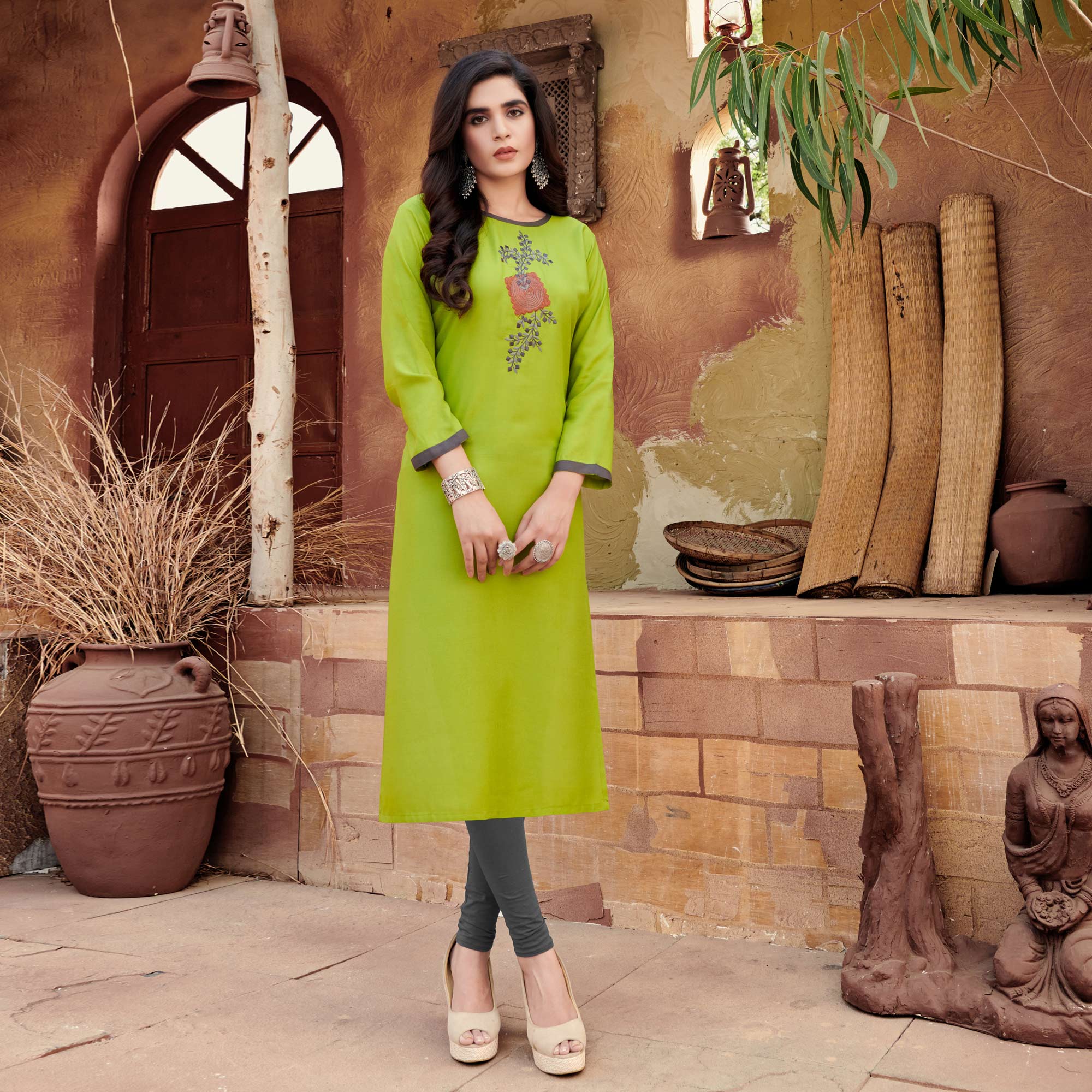 Green Floral Embroidered Rayon Kurti