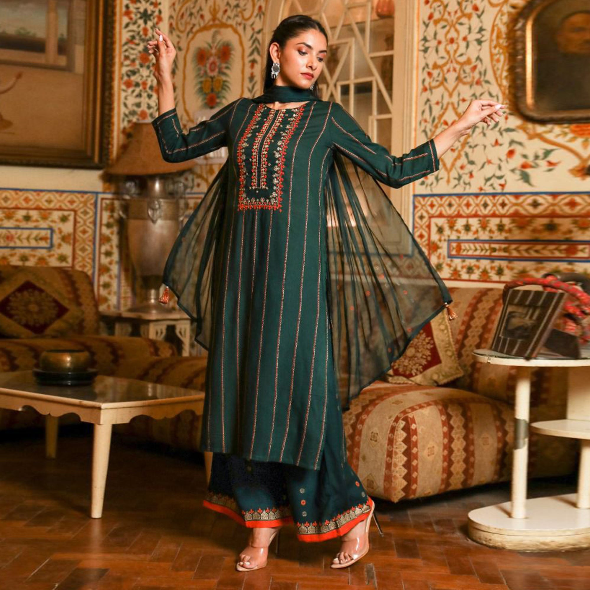 Green Printed With Embroidered Rayon Palazzo Suit