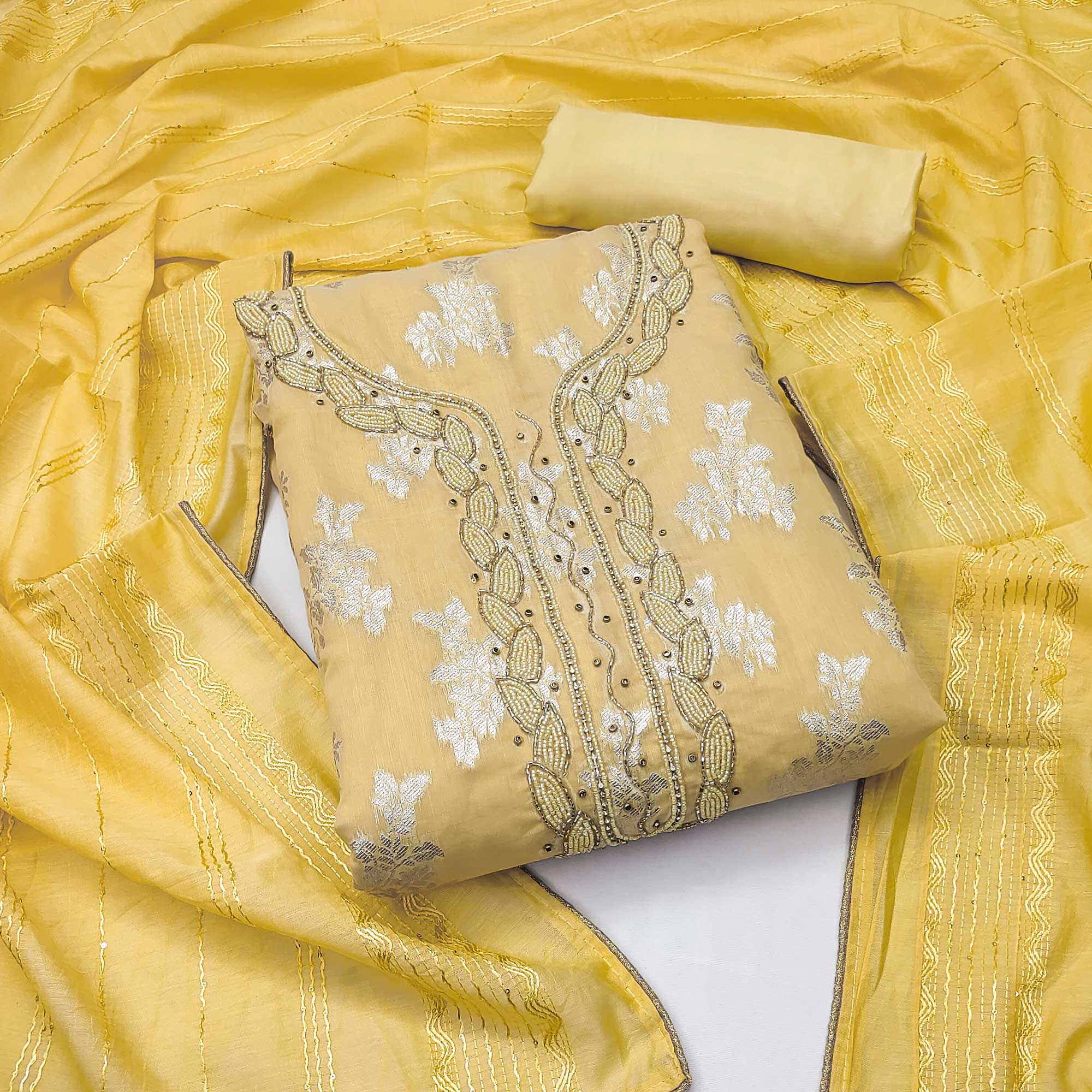 Yellow Woven With Handwork Banarasi Silk Dress Material